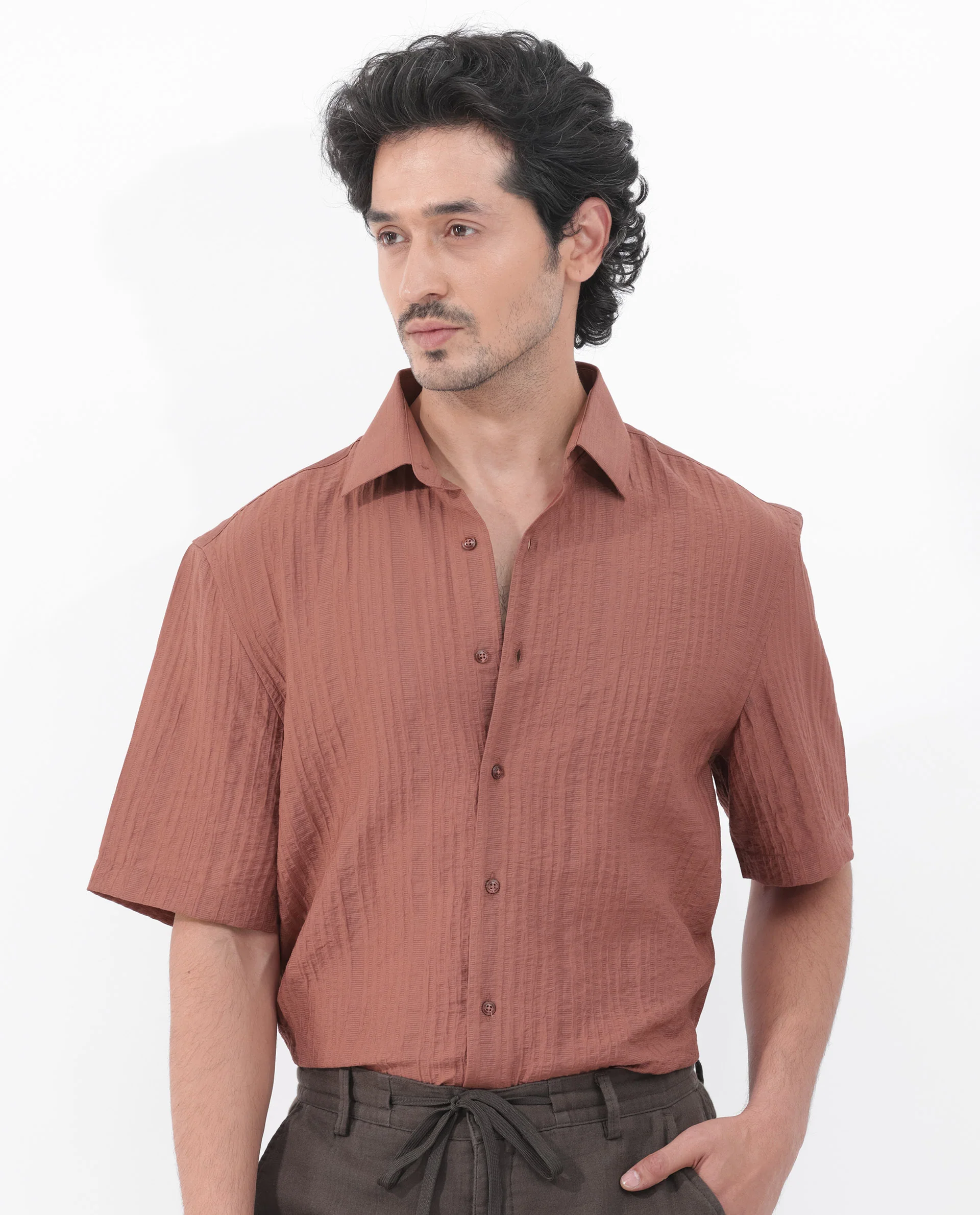 Rare Rabbit Men's Kith Dusky Rust Viscose Striped Print Boxy Fit Half Sleeve Collared Shirt - Image 3