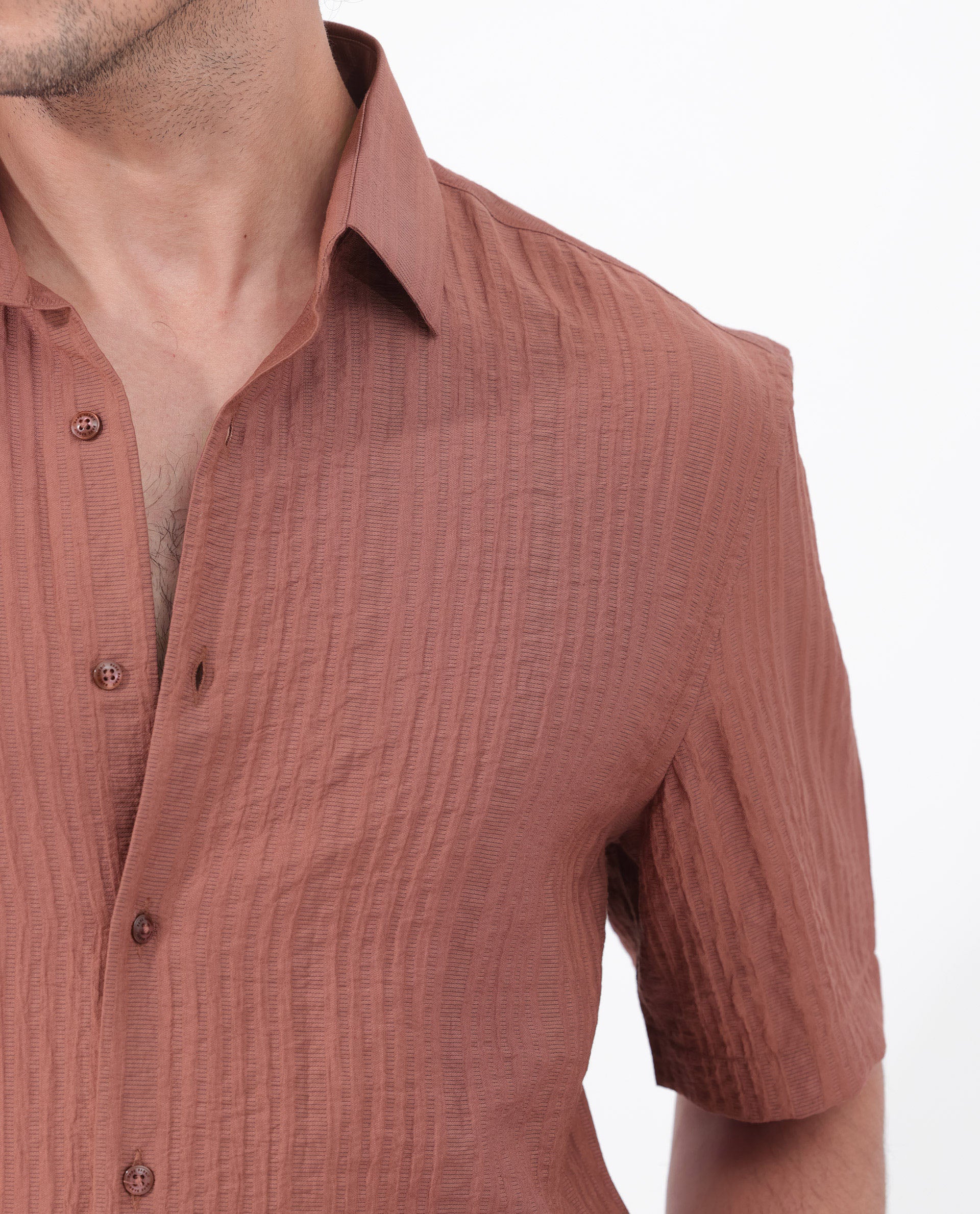 Rare Rabbit Men's Kith Dusky Rust Viscose Striped Print Boxy Fit Half Sleeve Collared Shirt - Image 4