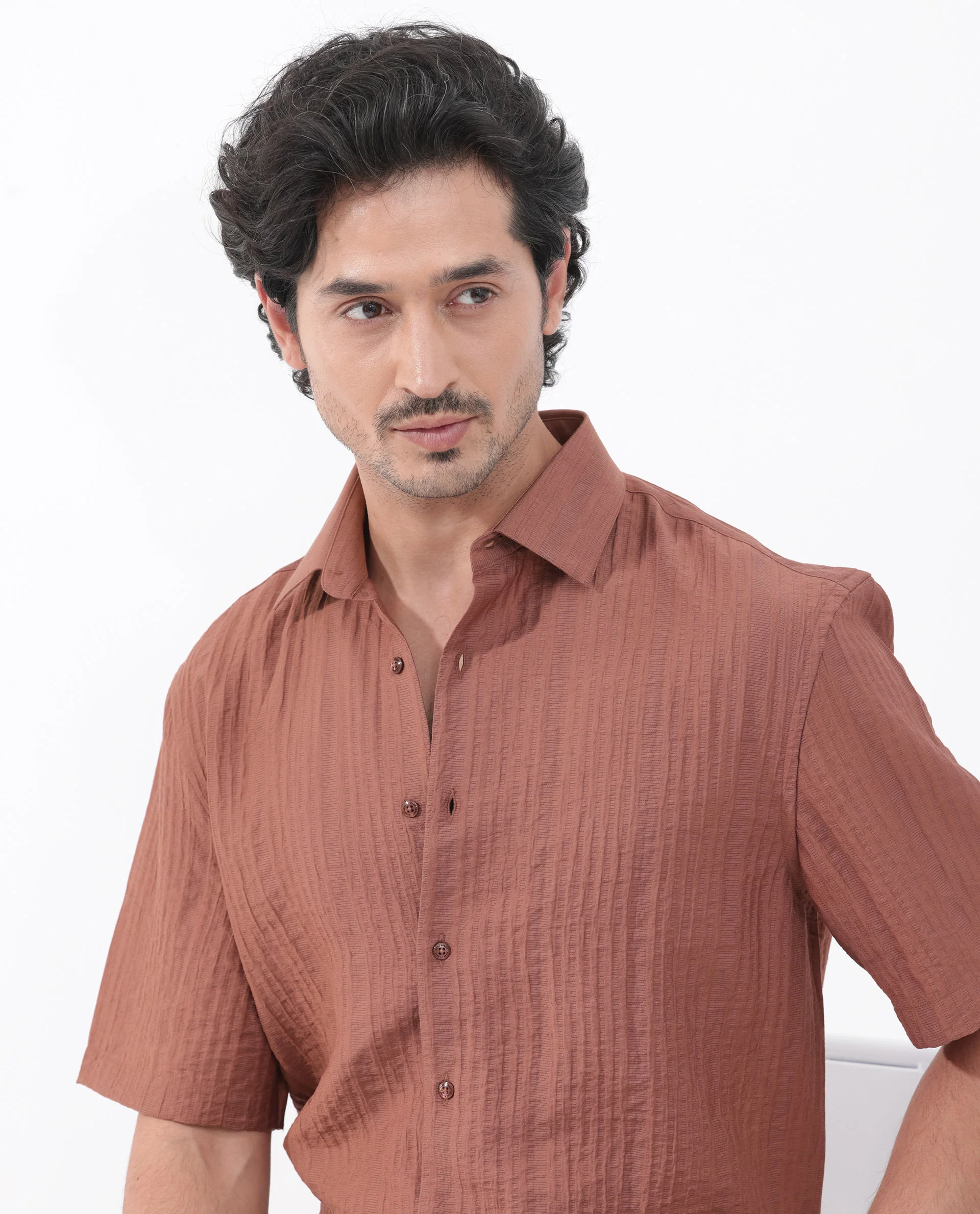 Rare Rabbit Men's Kith Dusky Rust Viscose Striped Print Boxy Fit Half Sleeve Collared Shirt - Image 5