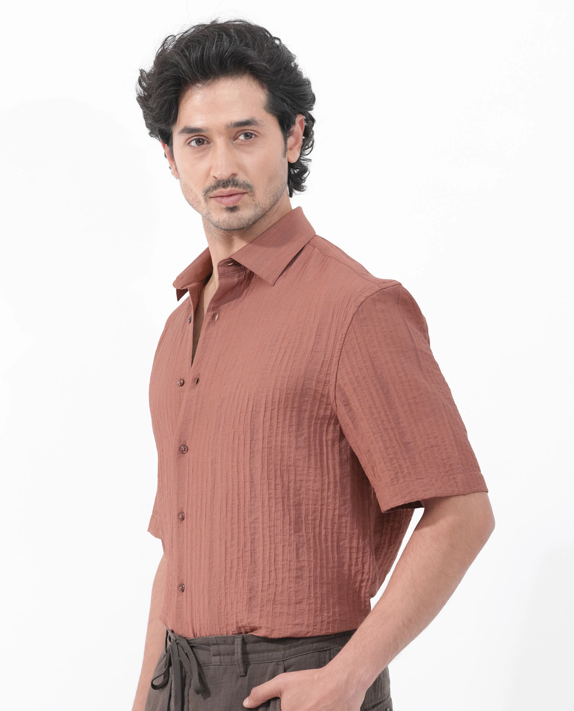 Rare Rabbit Men's Kith Dusky Rust Viscose Striped Print Boxy Fit Half Sleeve Collared Shirt - Image 6