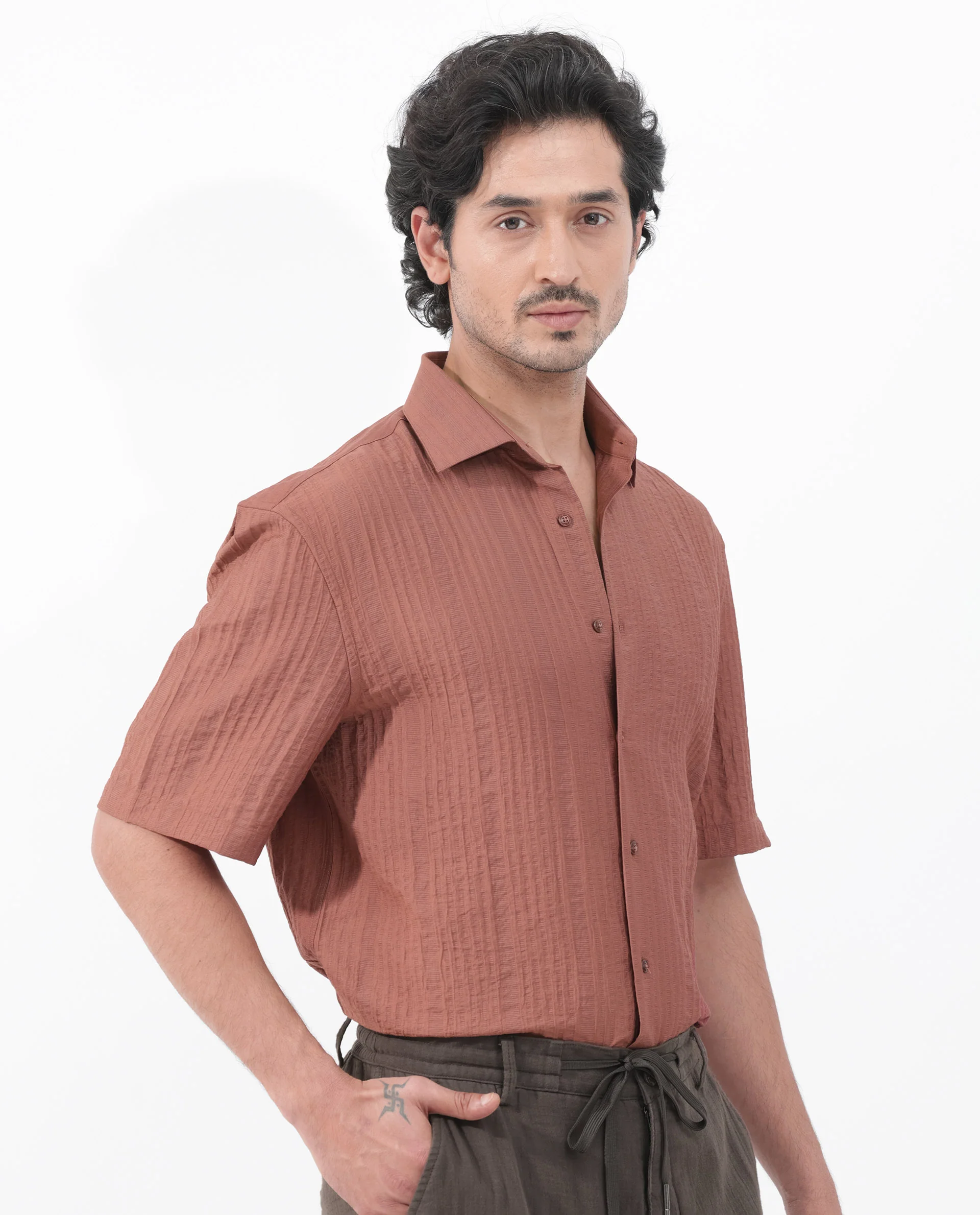 Rare Rabbit Men's Kith Dusky Rust Viscose Striped Print Boxy Fit Half Sleeve Collared Shirt - Image 7