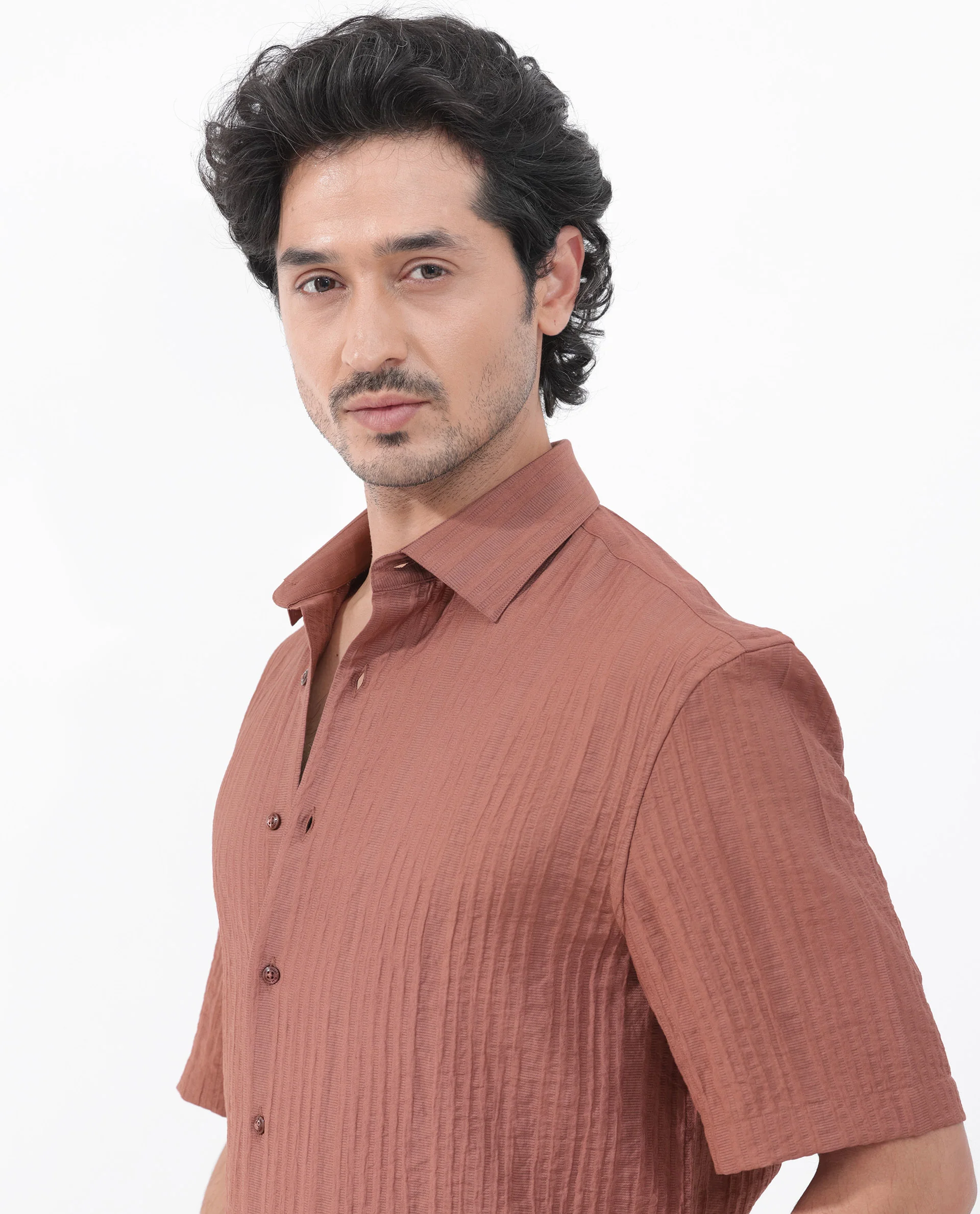 Rare Rabbit Men's Kith Dusky Rust Viscose Striped Print Boxy Fit Half Sleeve Collared Shirt - Image 8