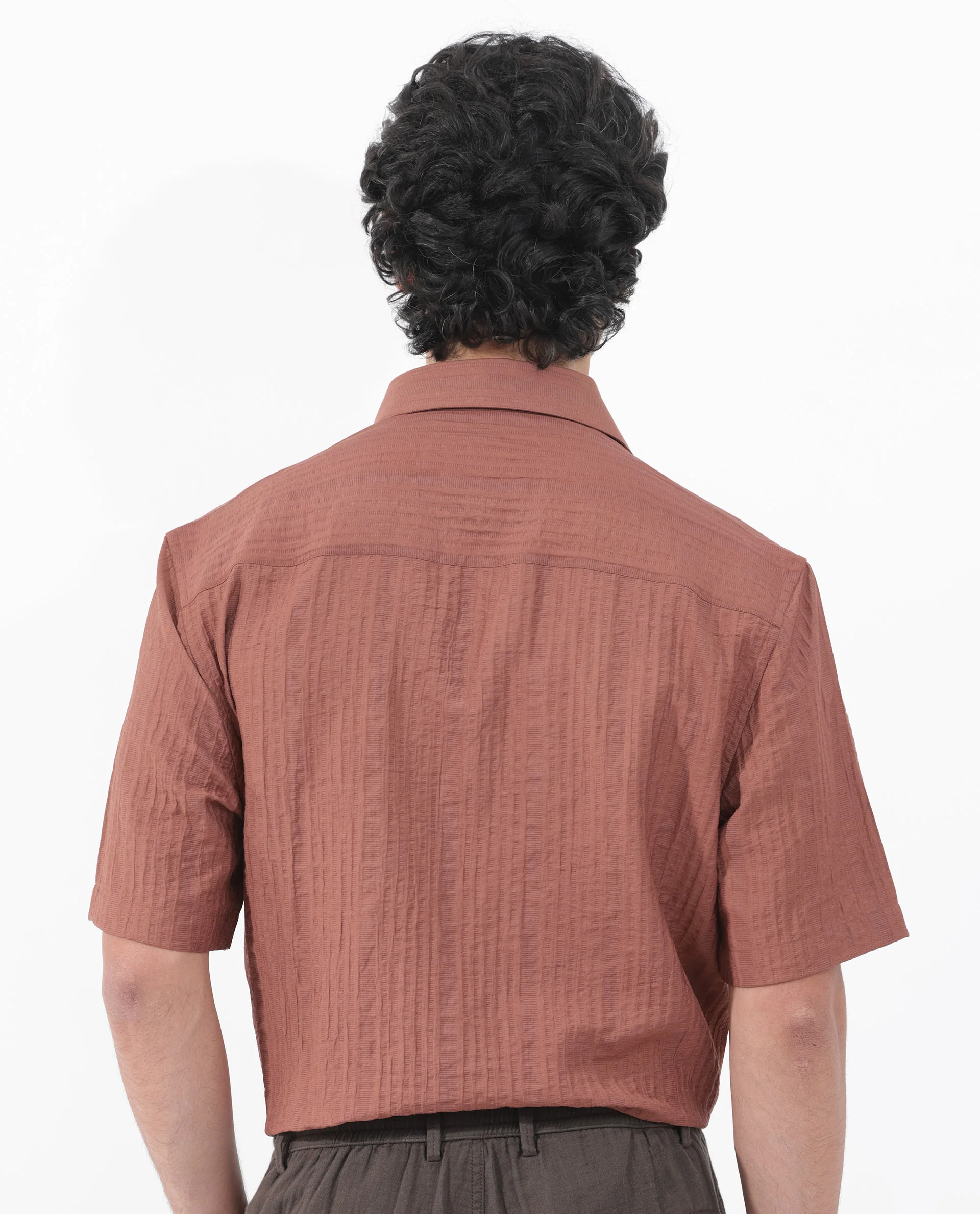 Rare Rabbit Men's Kith Dusky Rust Viscose Striped Print Boxy Fit Half Sleeve Collared Shirt - Image 9