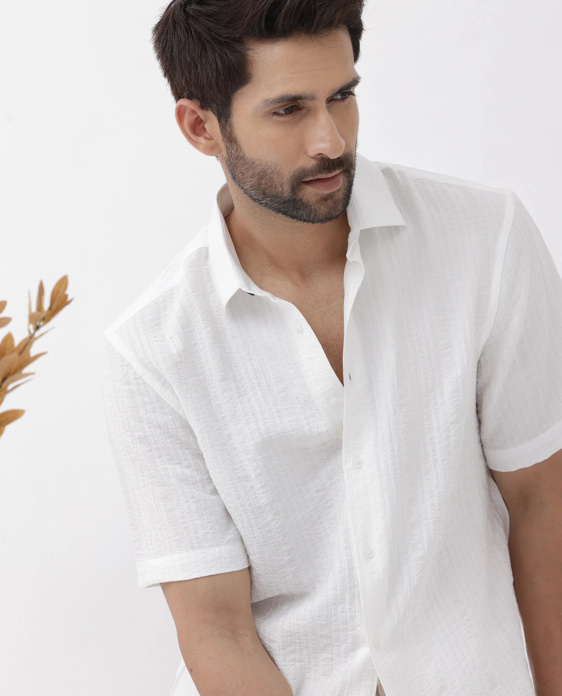 Rare Rabbit Men's Kith White Viscose Striped Print Boxy Fit Half Sleeve Collared Shirt