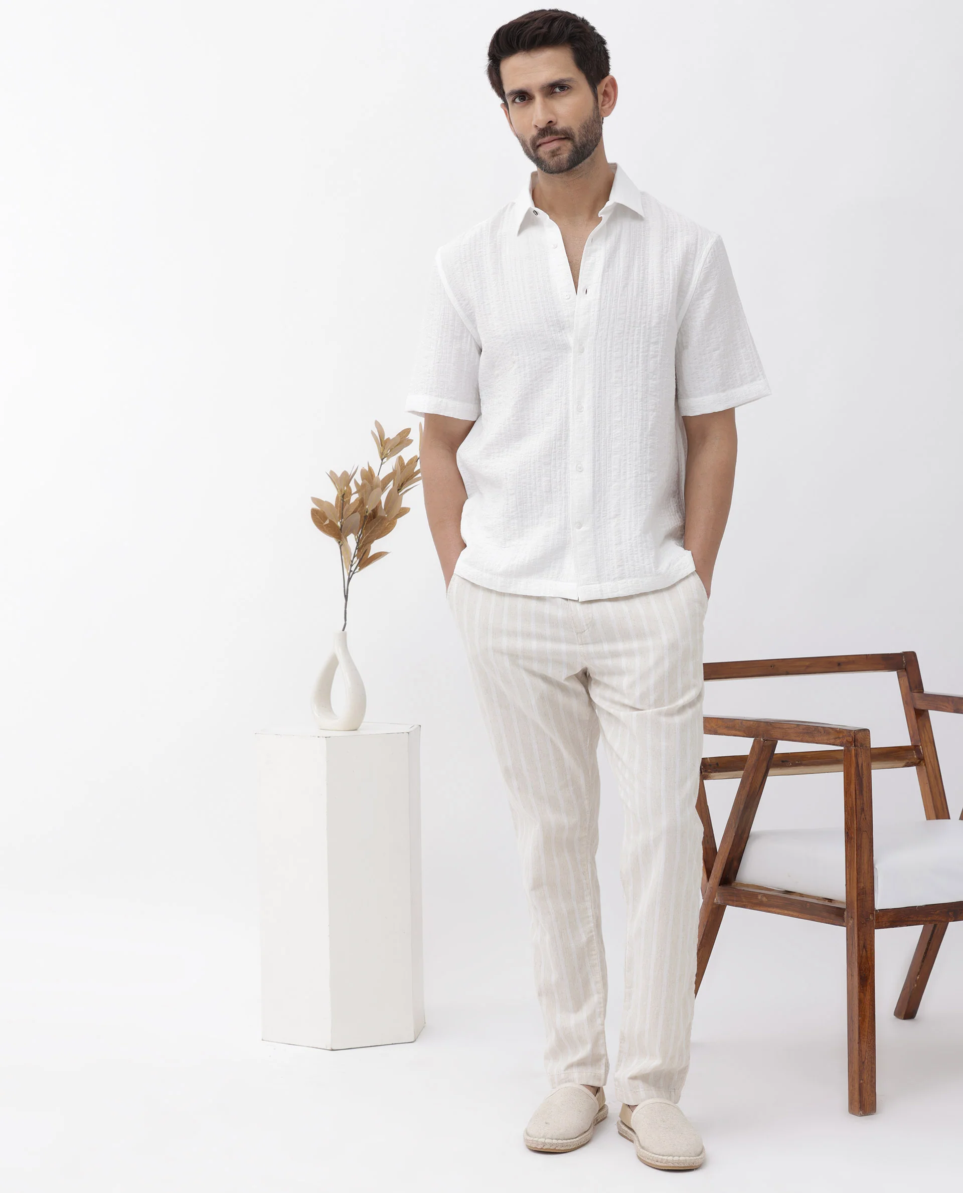 Rare Rabbit Men's Kith White Viscose Striped Print Boxy Fit Half Sleeve Collared Shirt - Image 2