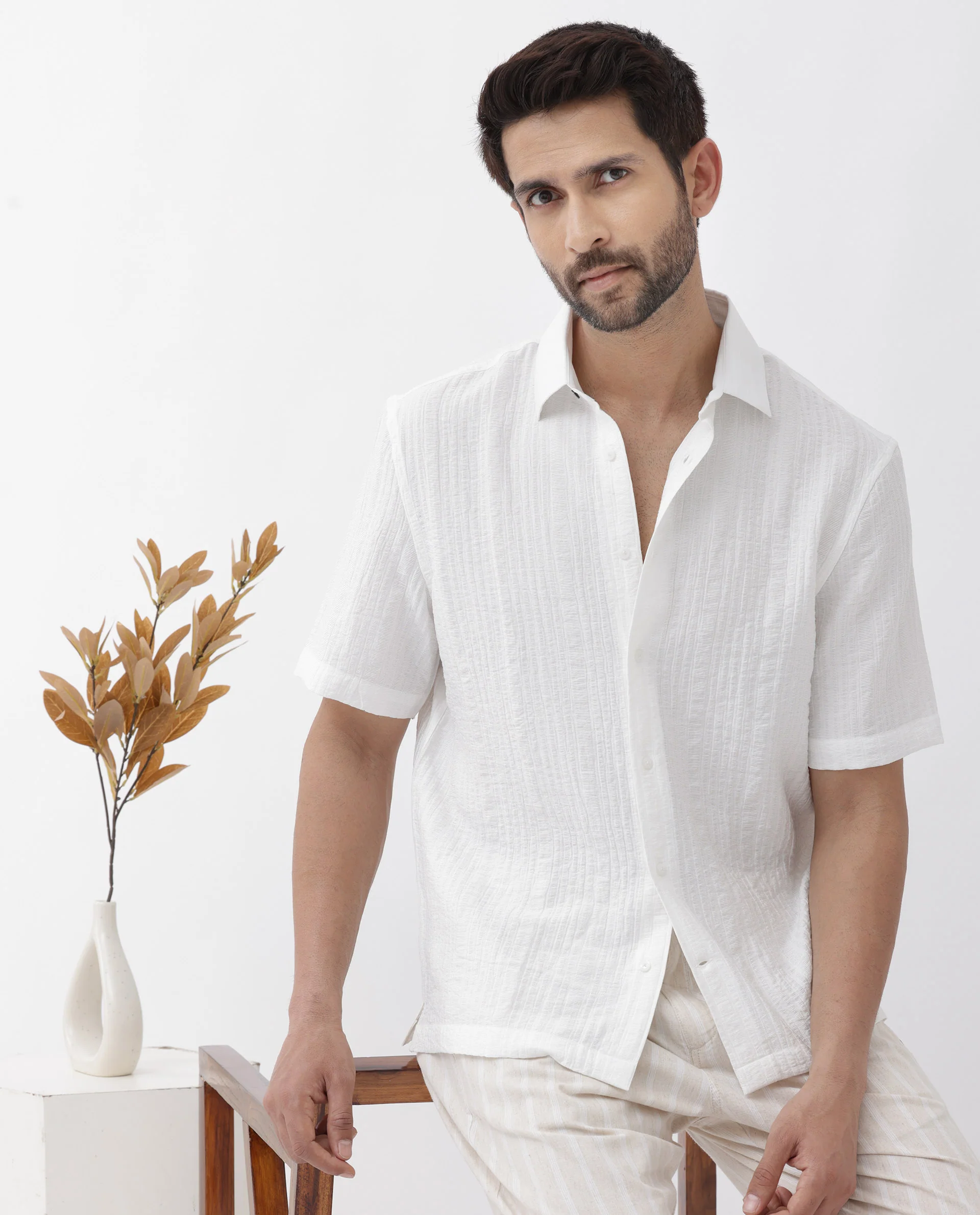 Rare Rabbit Men's Kith White Viscose Striped Print Boxy Fit Half Sleeve Collared Shirt - Image 3