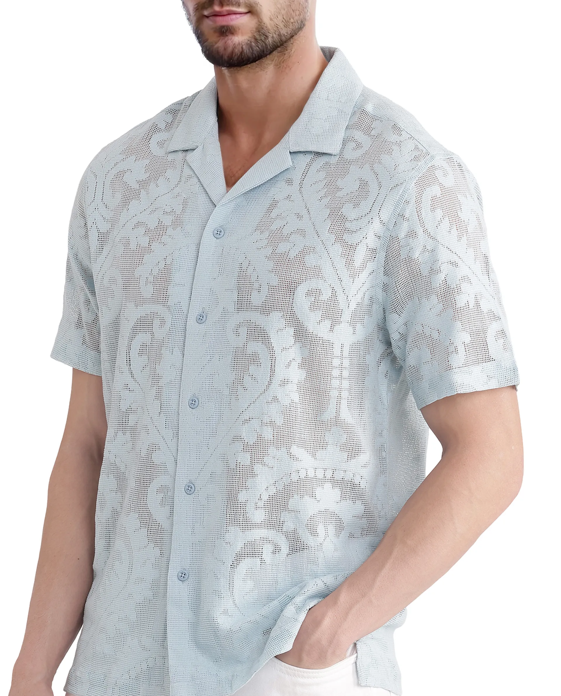 Rare Rabbit Men's Kiv Light Blue Cotton Textured Boxy Fit Half Sleeve Cuban Collar Shirt - Image 2