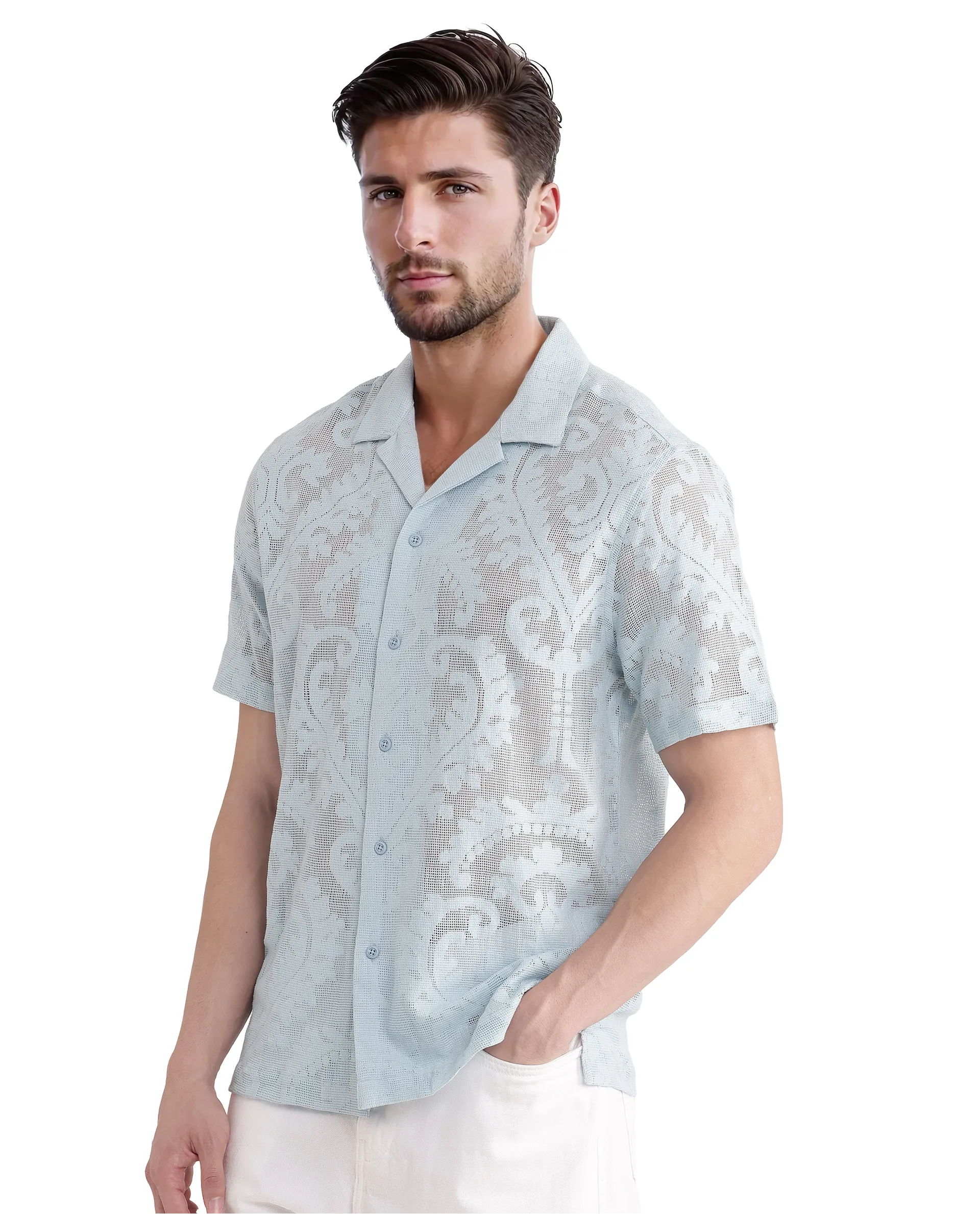 Rare Rabbit Men's Kiv Light Blue Cotton Textured Boxy Fit Half Sleeve Cuban Collar Shirt - Image 3