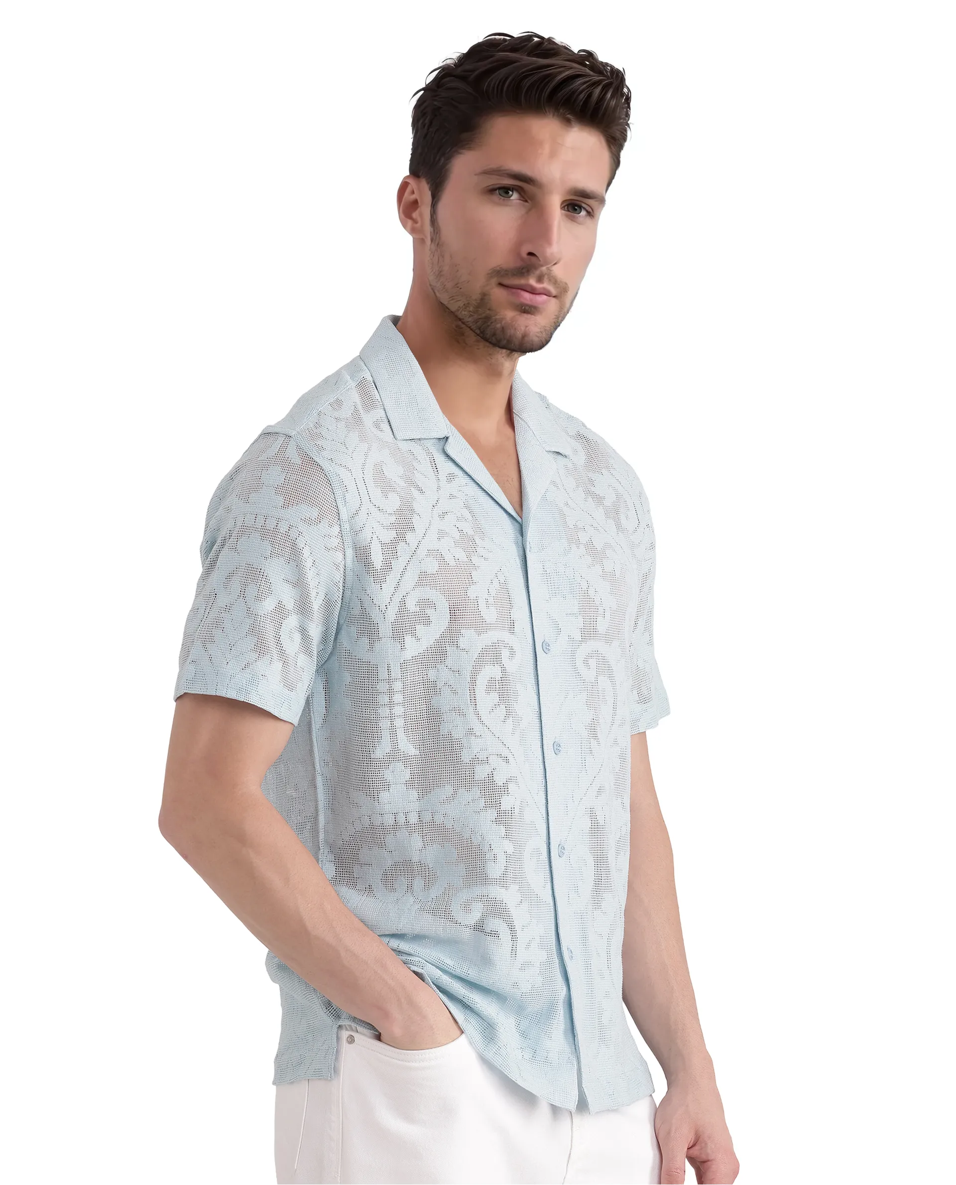 Rare Rabbit Men's Kiv Light Blue Cotton Textured Boxy Fit Half Sleeve Cuban Collar Shirt - Image 4