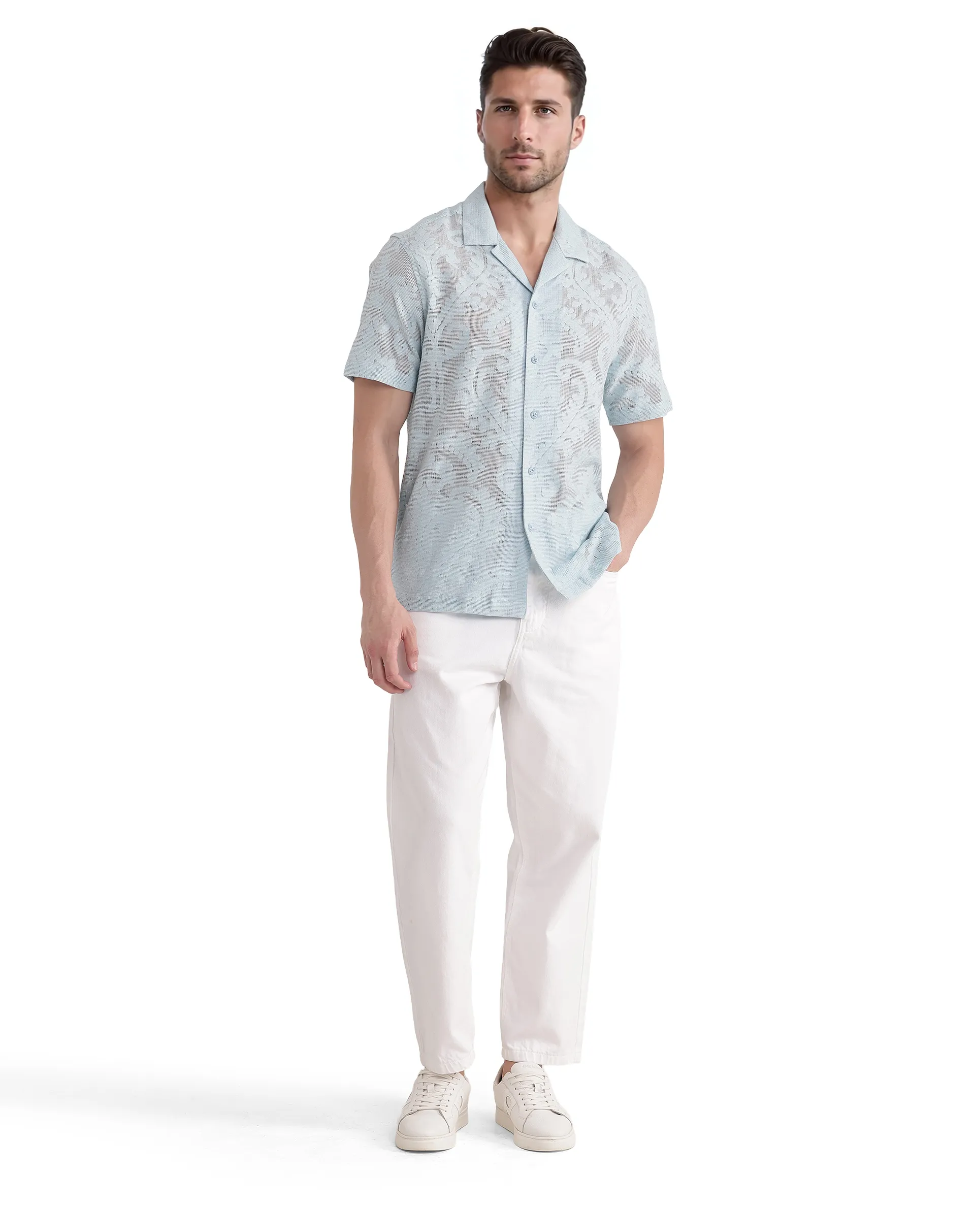 Rare Rabbit Men's Kiv Light Blue Cotton Textured Boxy Fit Half Sleeve Cuban Collar Shirt - Image 5