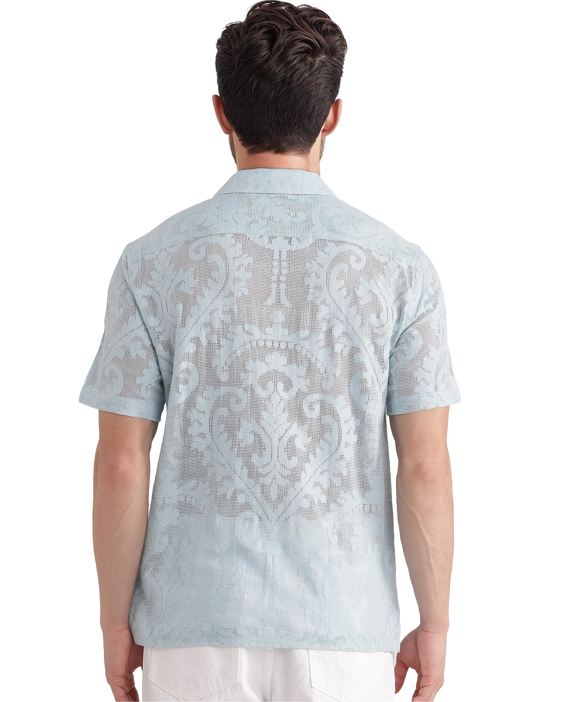 Rare Rabbit Men's Kiv Light Blue Cotton Textured Boxy Fit Half Sleeve Cuban Collar Shirt - Image 6