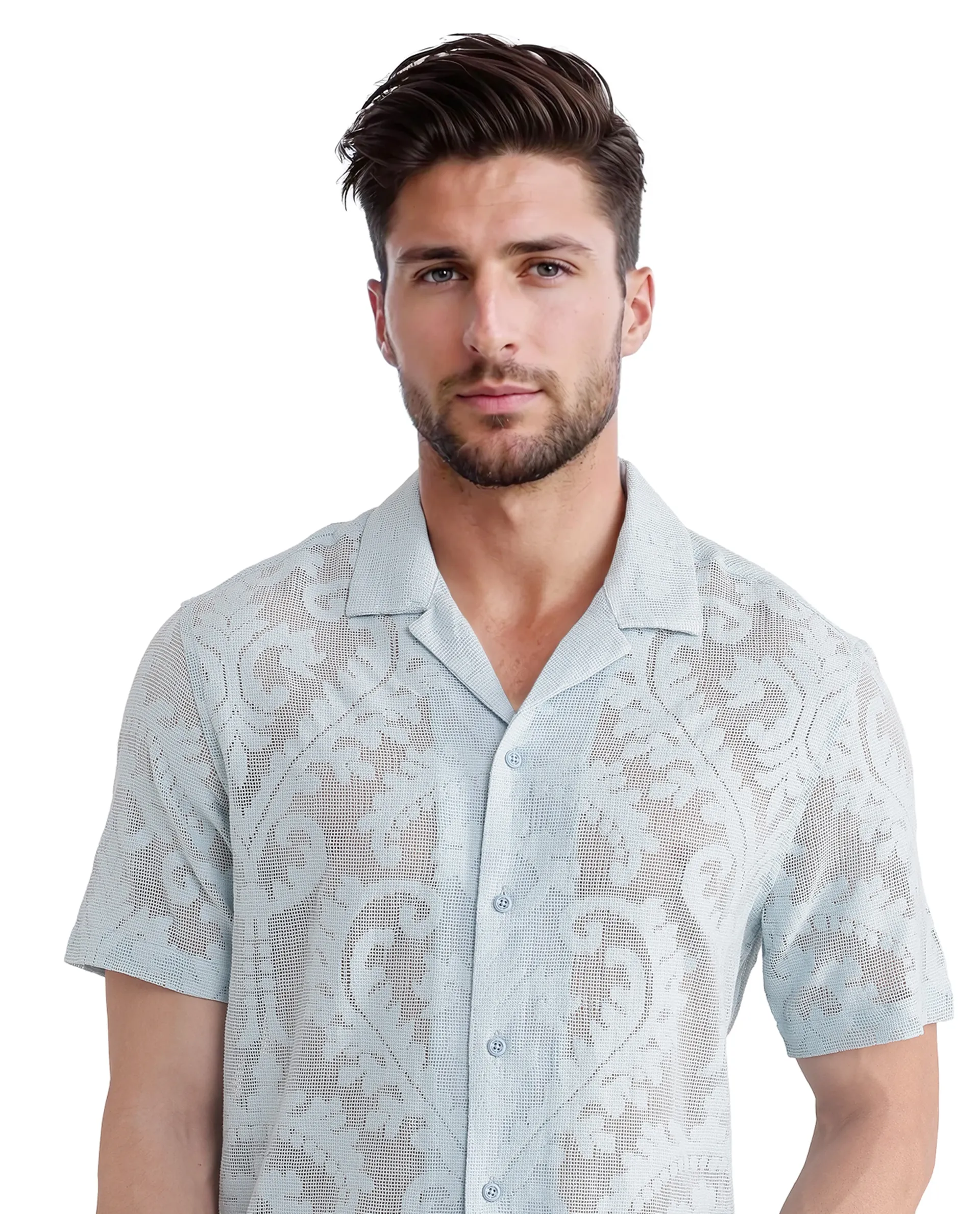 Rare Rabbit Men's Kiv Light Blue Cotton Textured Boxy Fit Half Sleeve Cuban Collar Shirt - Image 7
