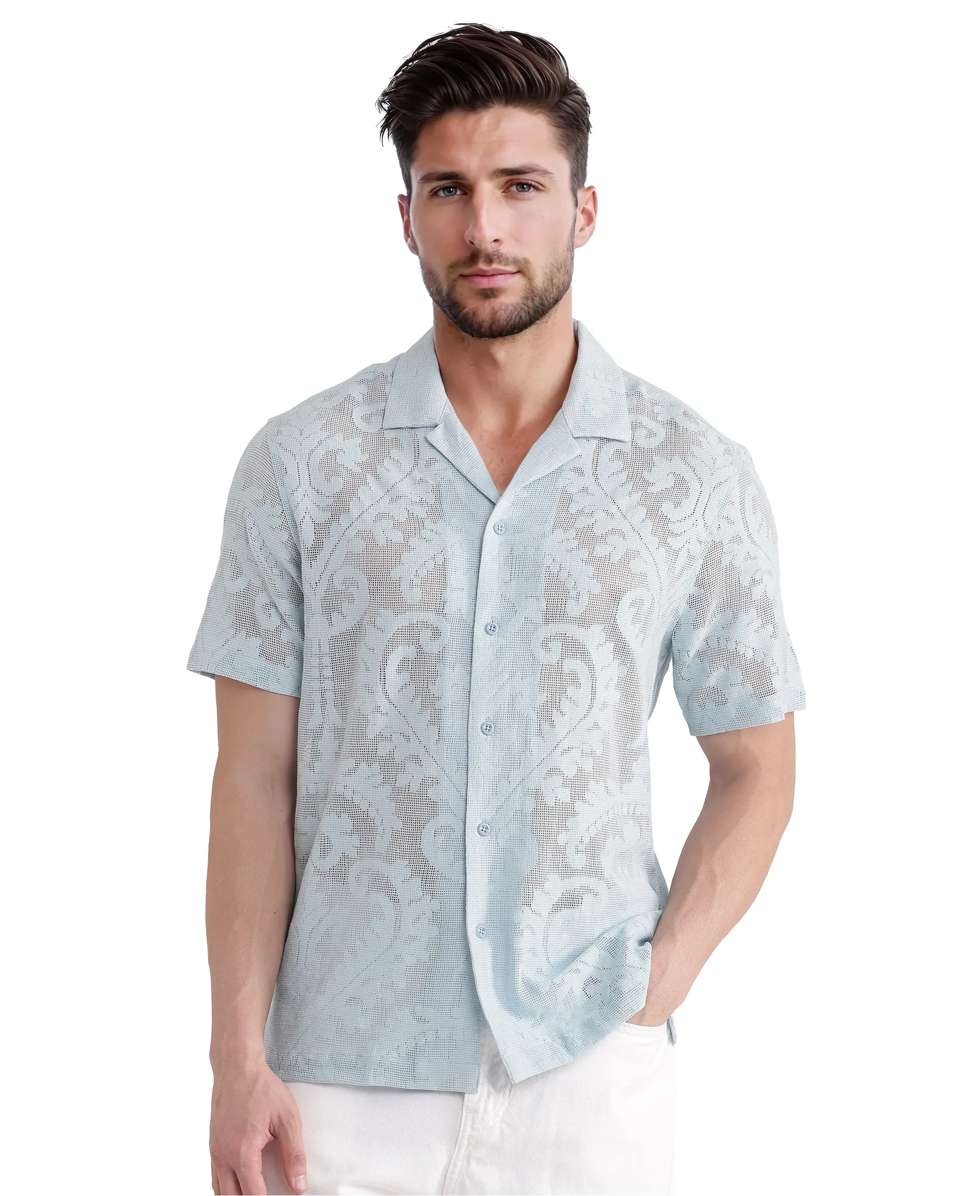 Rare Rabbit Men's Kiv Light Blue Cotton Textured Boxy Fit Half Sleeve Cuban Collar Shirt - Image 8