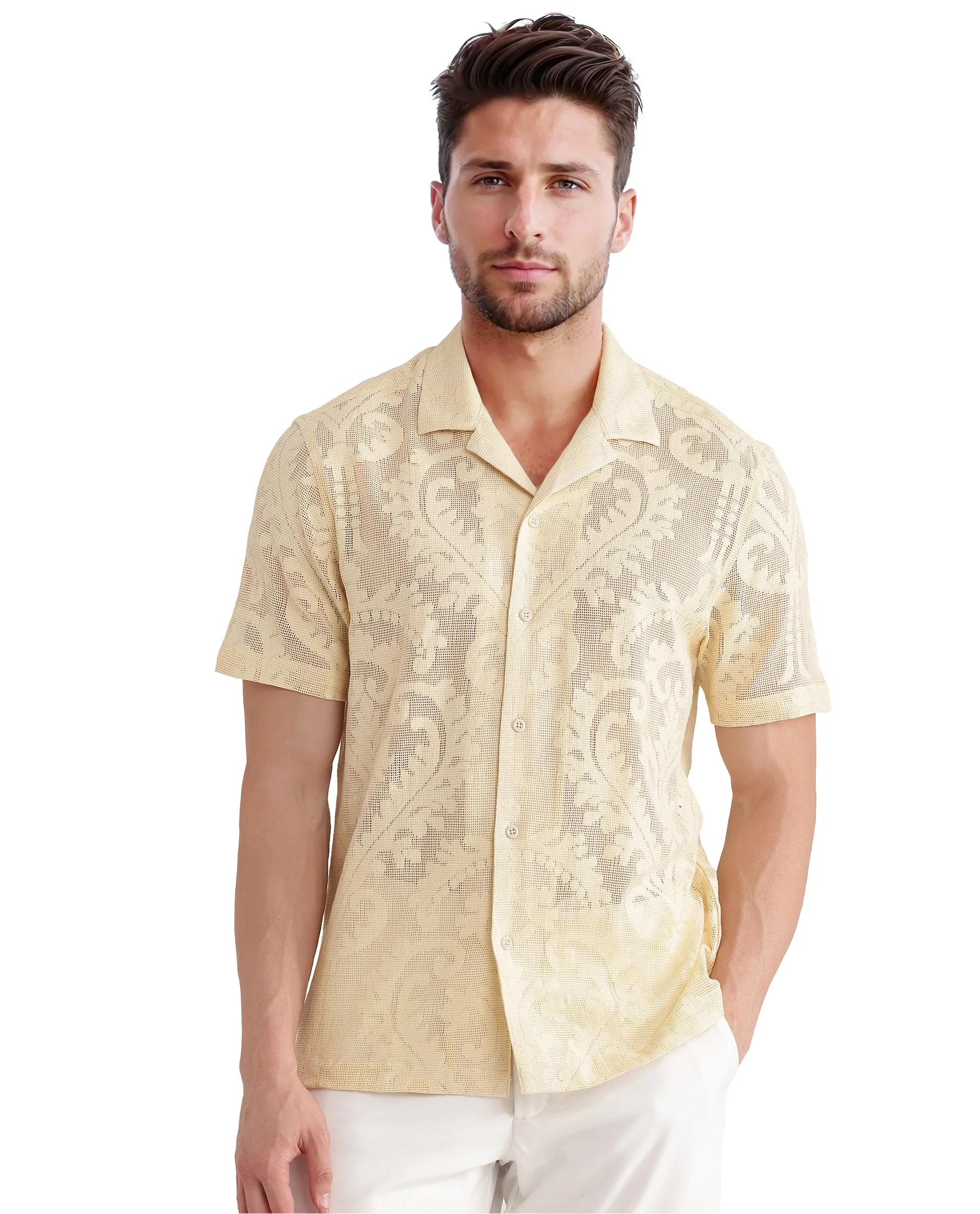 Rare Rabbit Men's Kiv Light Yellow Cotton Textured Boxy Fit Half Sleeve Cuban Collar Shirt - Image 2