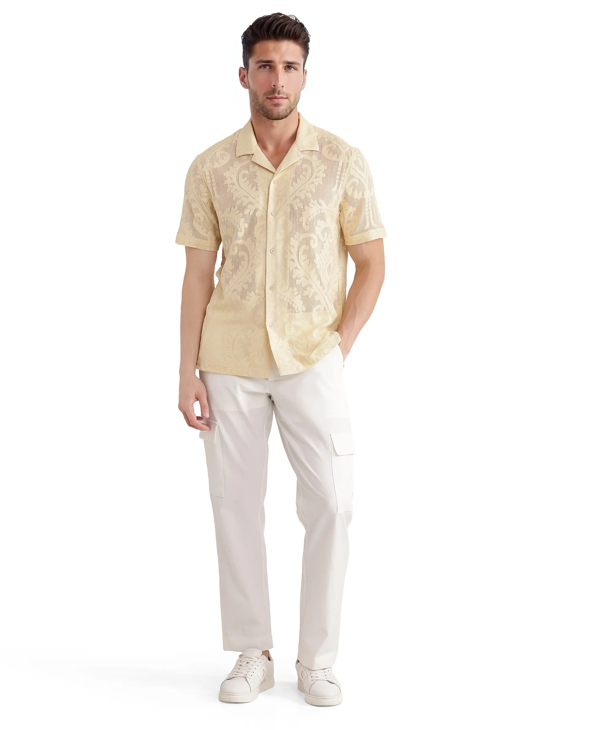 Rare Rabbit Men's Kiv Light Yellow Cotton Textured Boxy Fit Half Sleeve Cuban Collar Shirt - Image 3