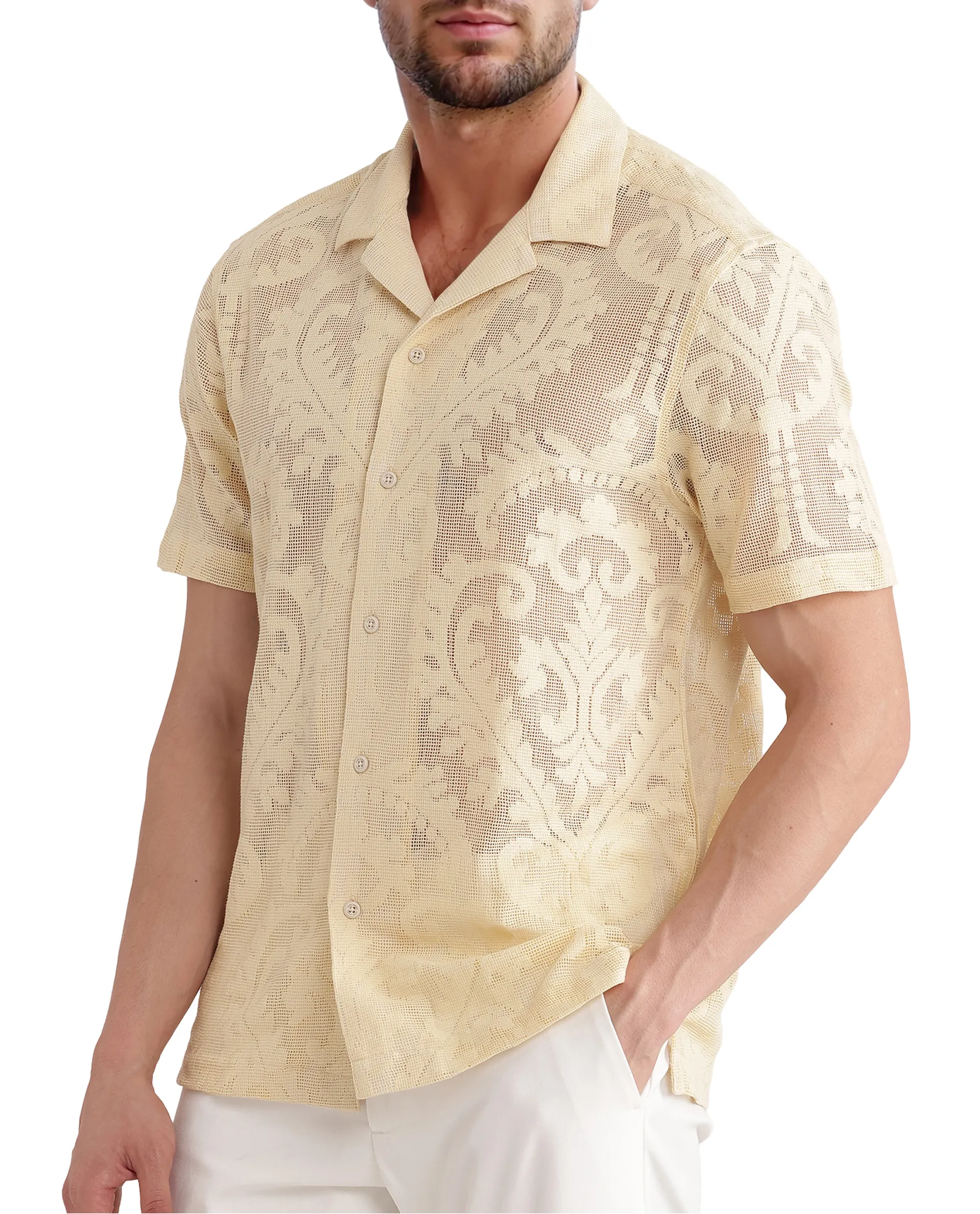 Rare Rabbit Men's Kiv Light Yellow Cotton Textured Boxy Fit Half Sleeve Cuban Collar Shirt - Image 4