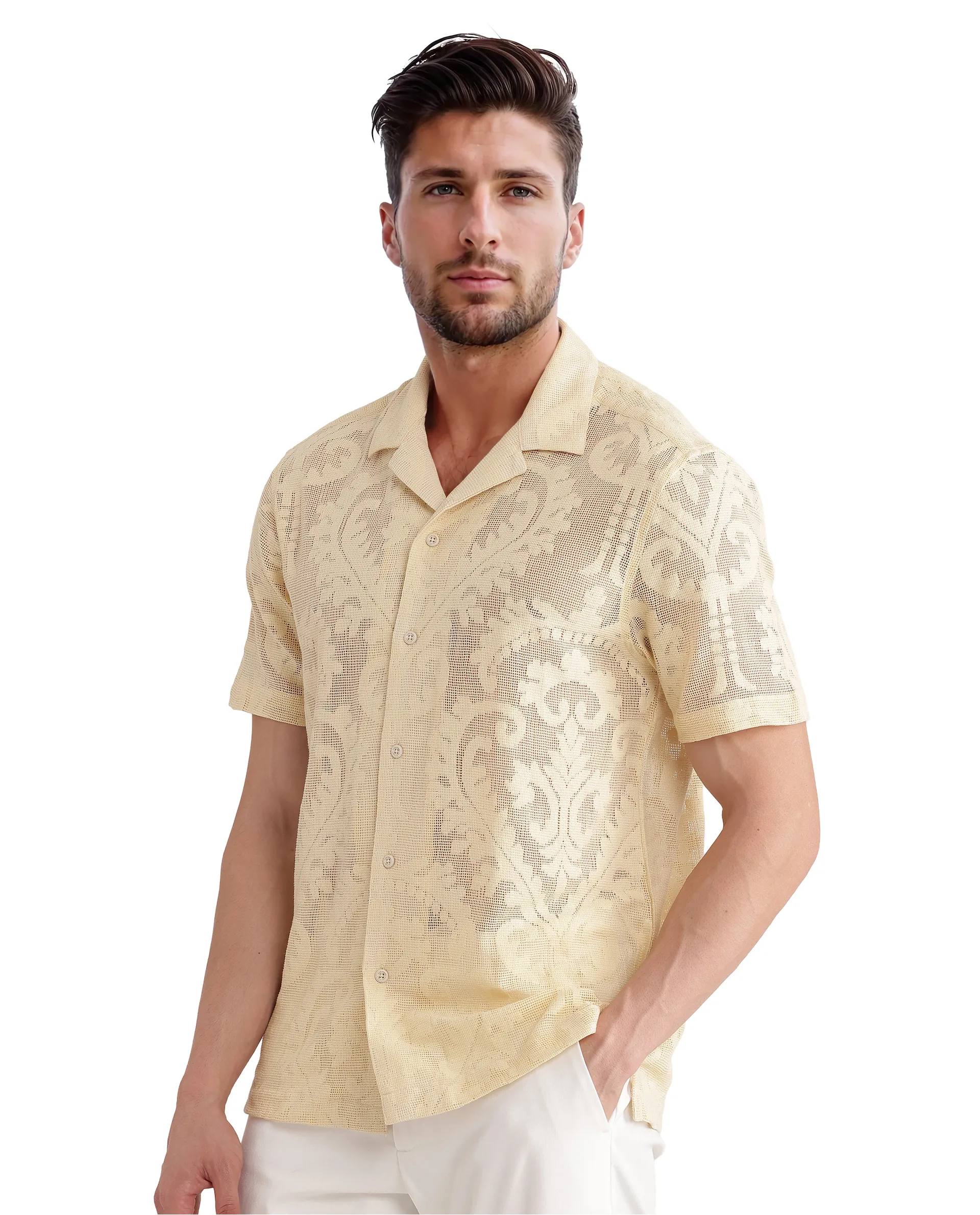 Rare Rabbit Men's Kiv Light Yellow Cotton Textured Boxy Fit Half Sleeve Cuban Collar Shirt - Image 6