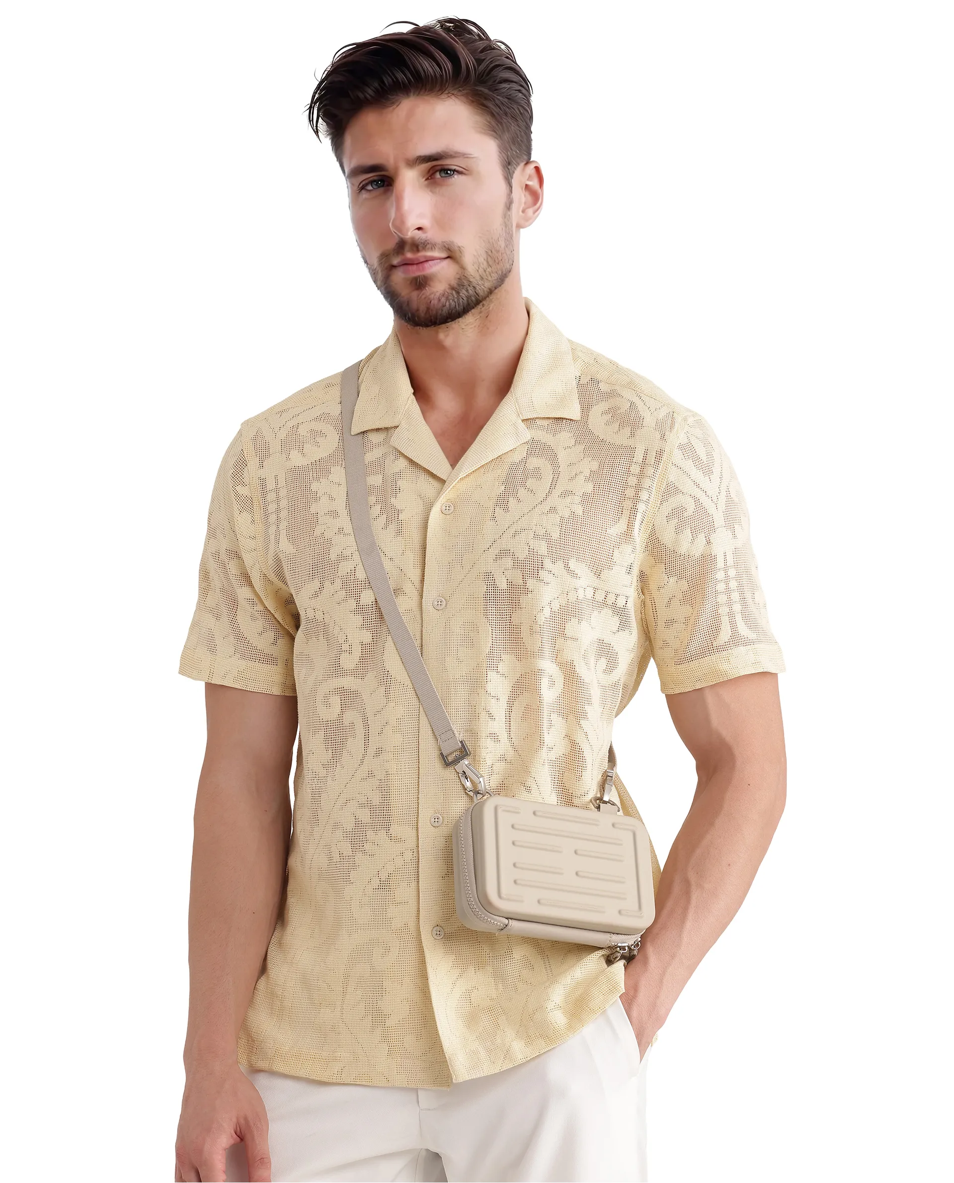 Rare Rabbit Men's Kiv Light Yellow Cotton Textured Boxy Fit Half Sleeve Cuban Collar Shirt - Image 8