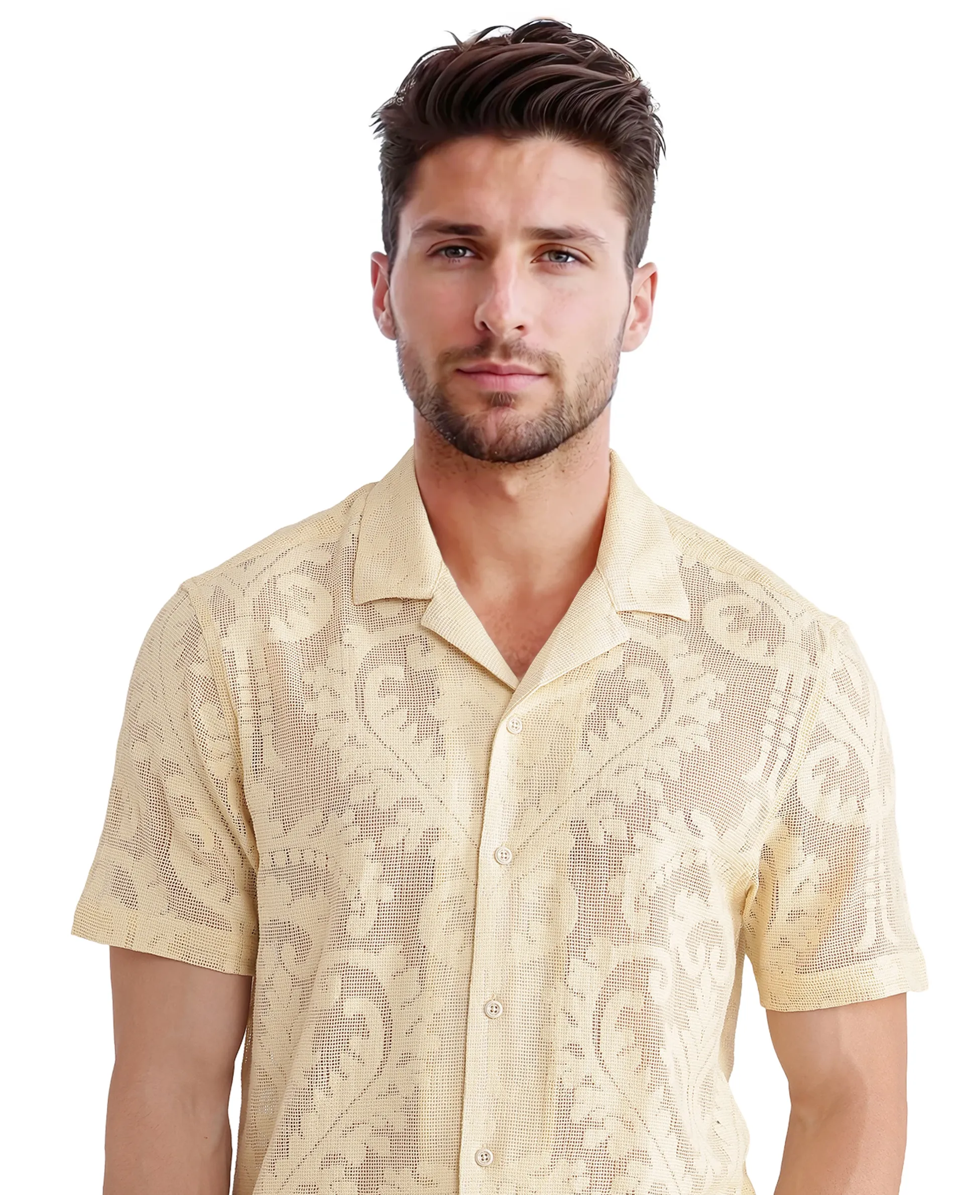 Rare Rabbit Men's Kiv Light Yellow Cotton Textured Boxy Fit Half Sleeve Cuban Collar Shirt - Image 9