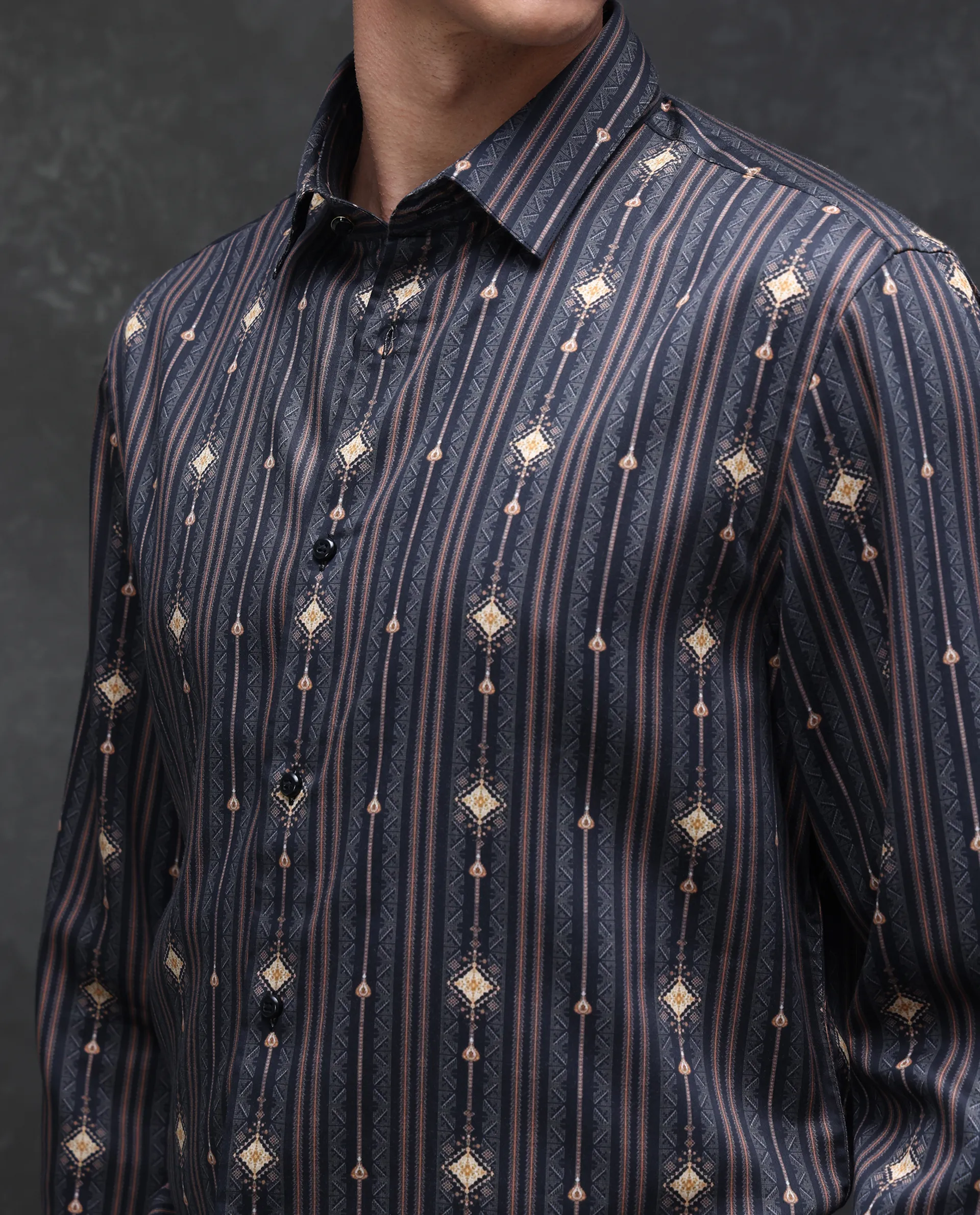 Rare Rabbit Men's Kivra Black Cotton Blend Geometric Print Regular Fit Full Sleeve Collared Shirt - Image 2