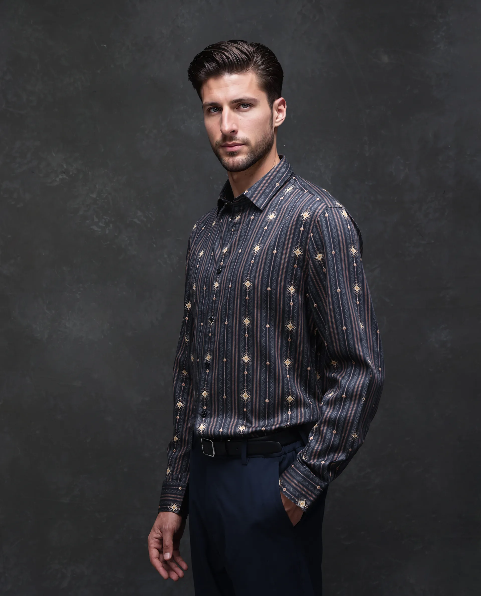 Rare Rabbit Men's Kivra Black Cotton Blend Geometric Print Regular Fit Full Sleeve Collared Shirt - Image 4