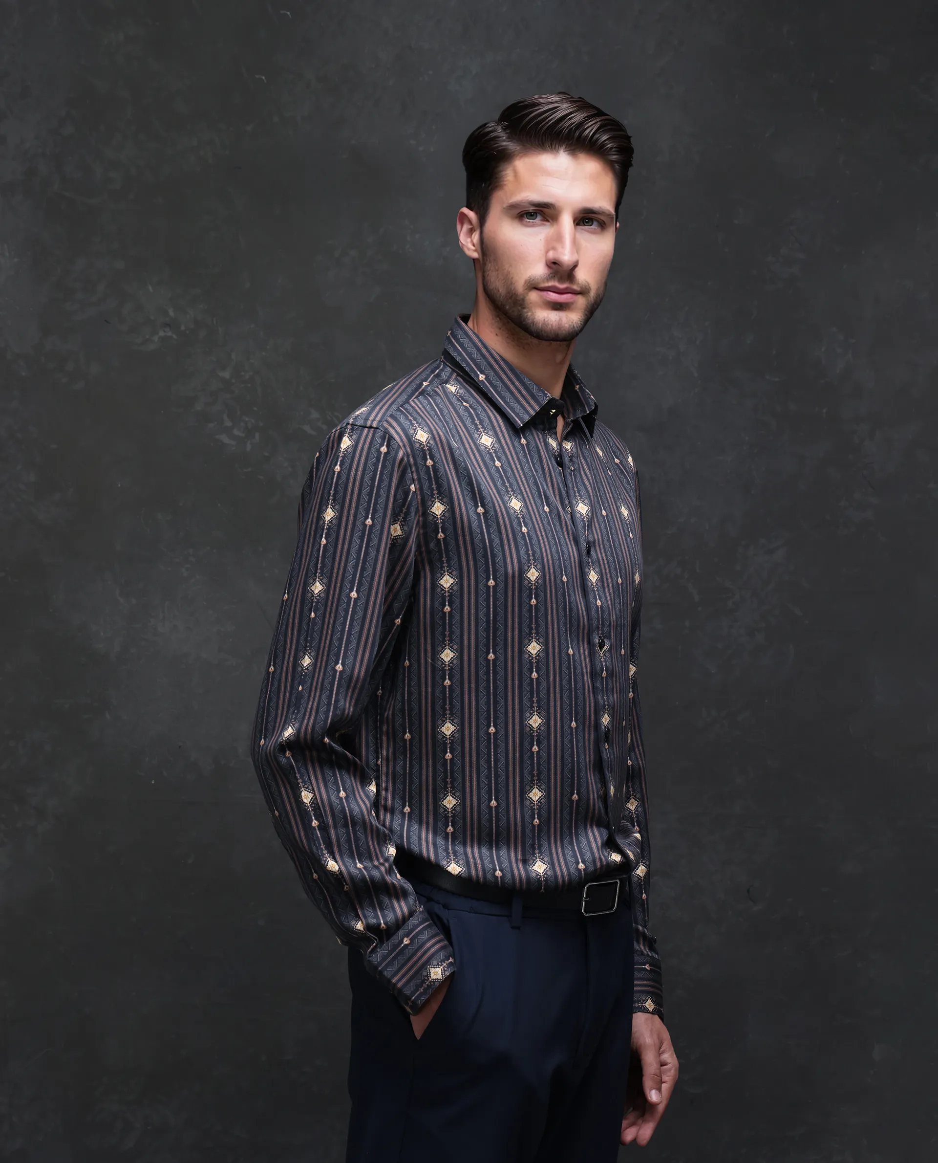 Rare Rabbit Men's Kivra Black Cotton Blend Geometric Print Regular Fit Full Sleeve Collared Shirt - Image 5