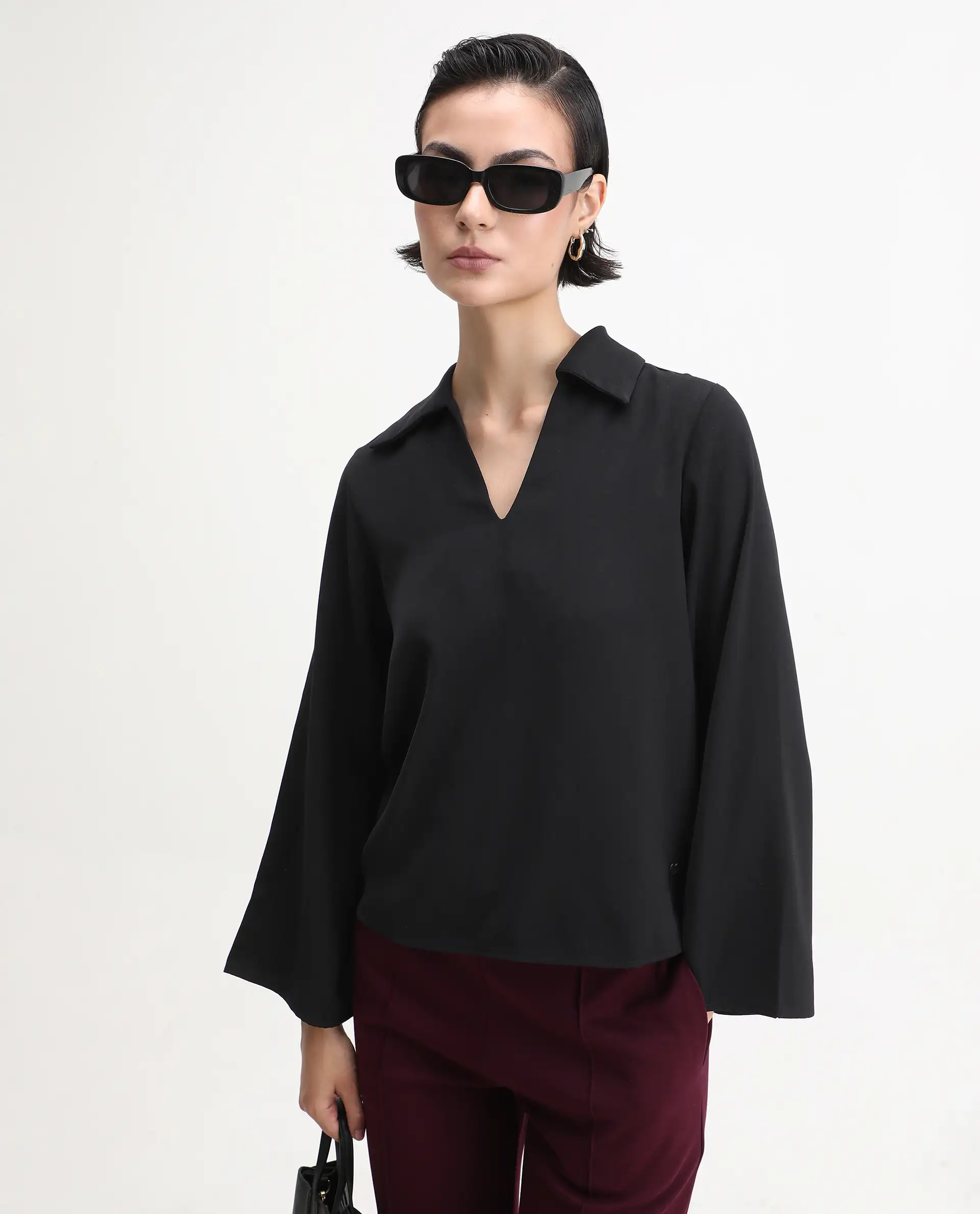 Rareism Women's Klamma Black Satin Johnny Collar Plain Regular Fit Top