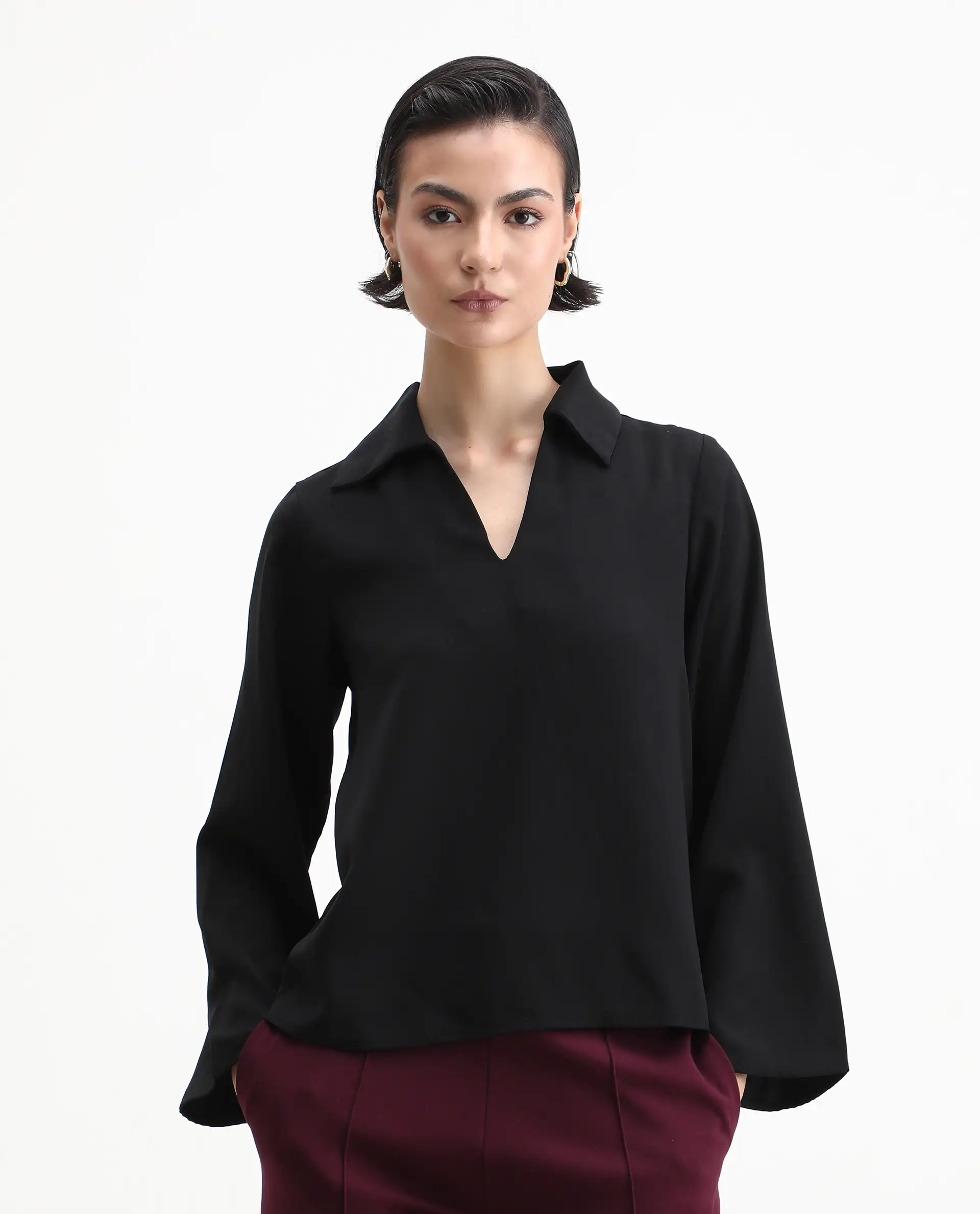 Rareism Women's Klamma Black Satin Johnny Collar Plain Regular Fit Top - Image 3