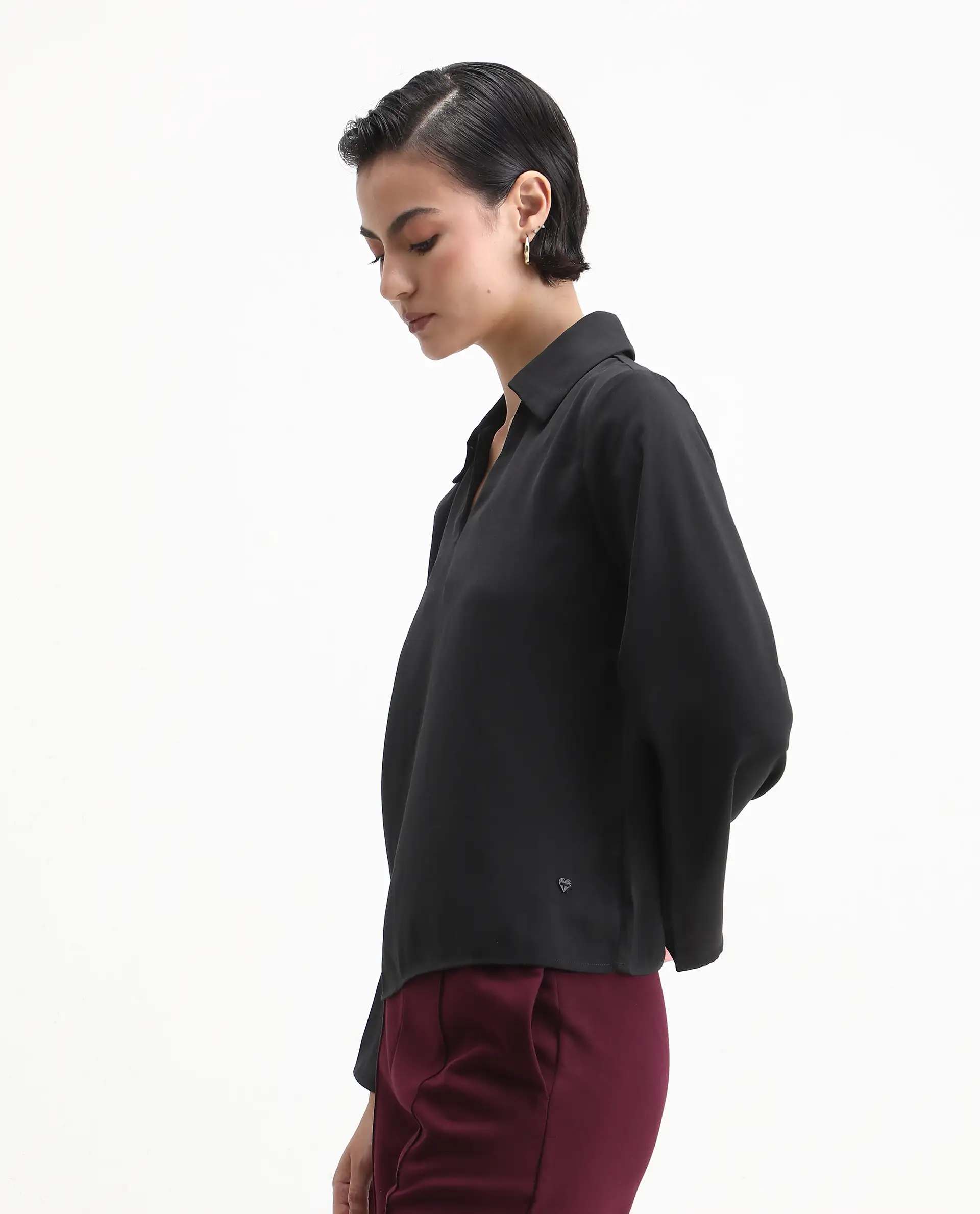 Rareism Women's Klamma Black Satin Johnny Collar Plain Regular Fit Top - Image 4