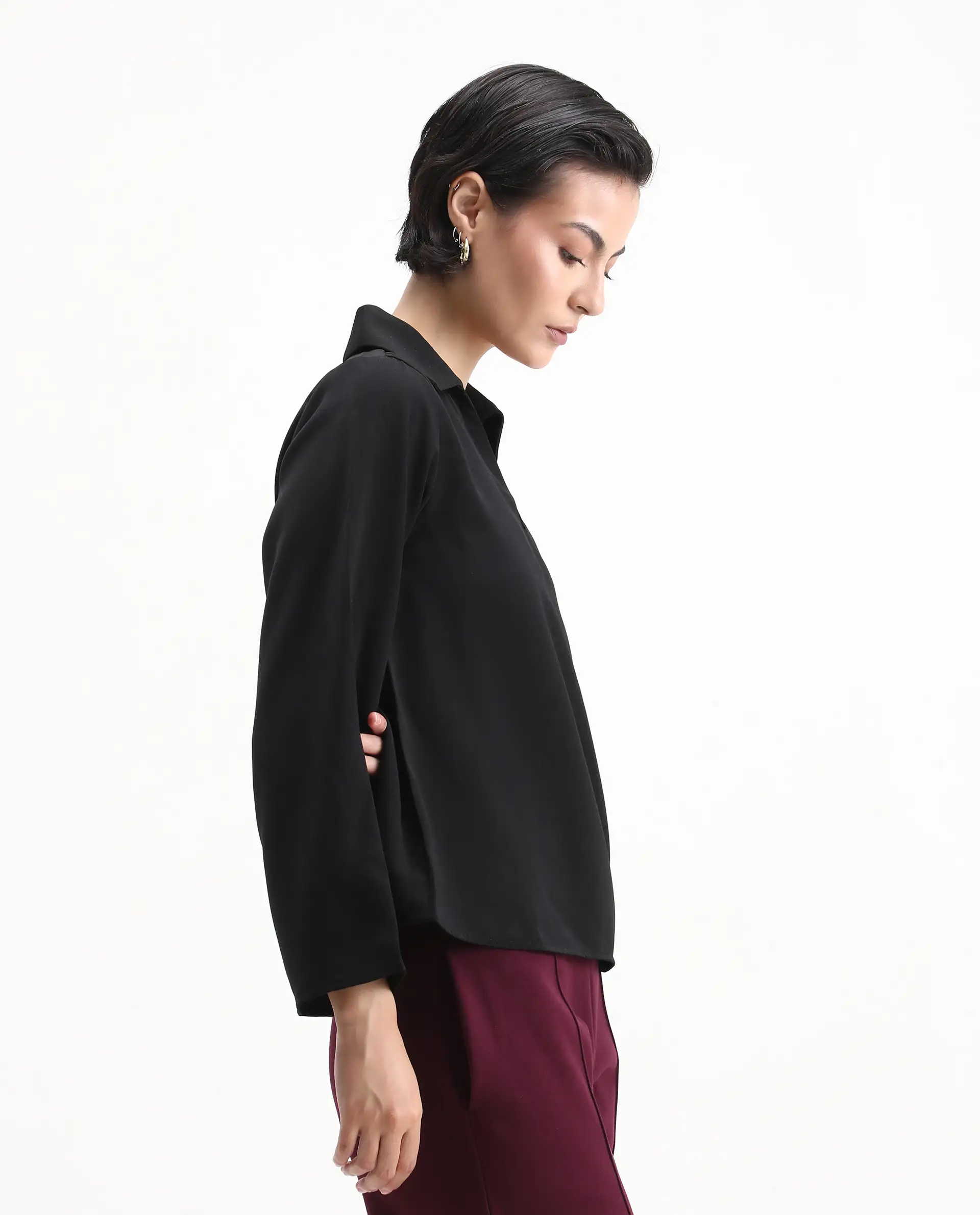 Rareism Women's Klamma Black Satin Johnny Collar Plain Regular Fit Top - Image 5
