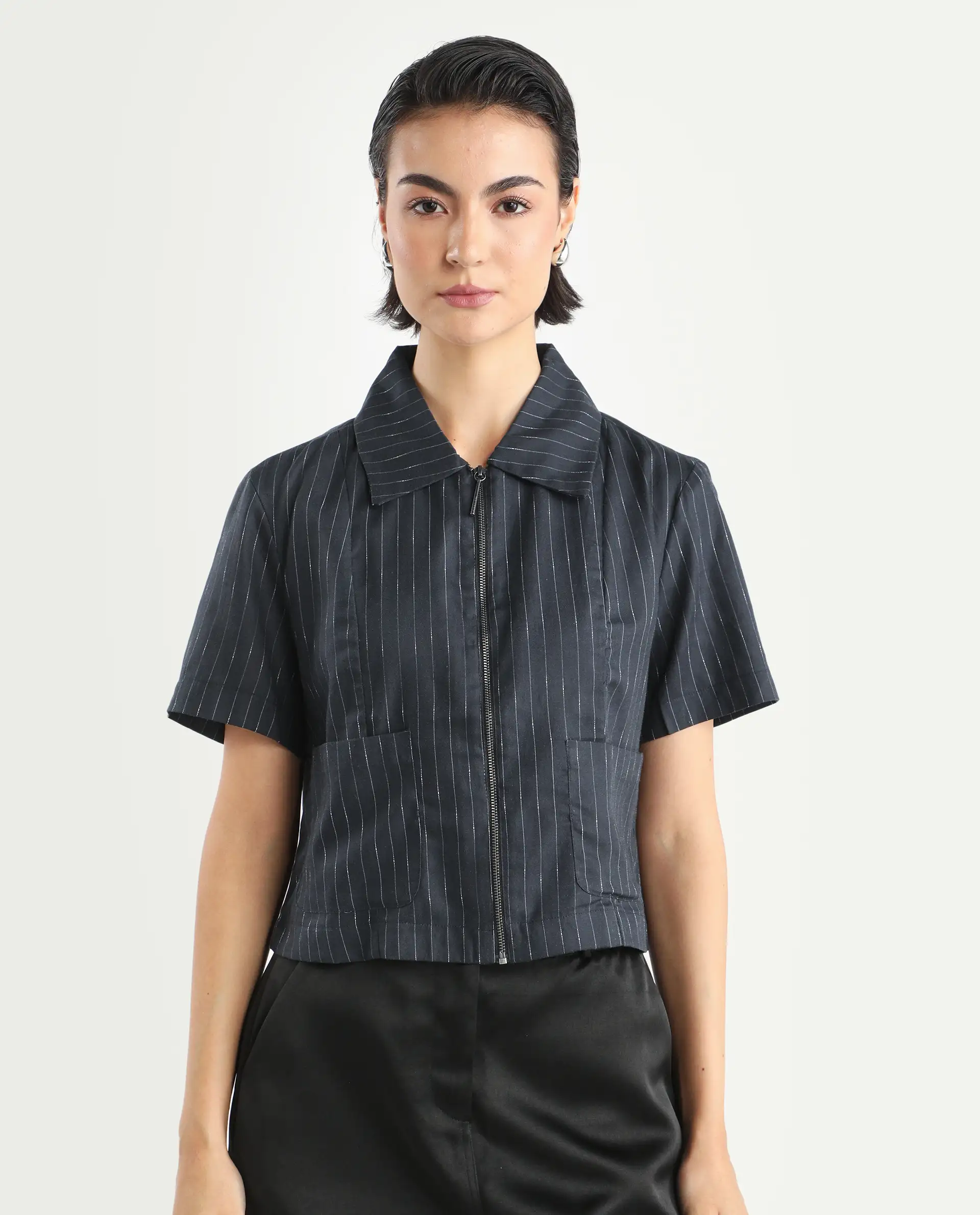 Rareism Women's Klapo Black Viscose Blend Drop Collar Striped Crop Regular Fit Top - Image 3