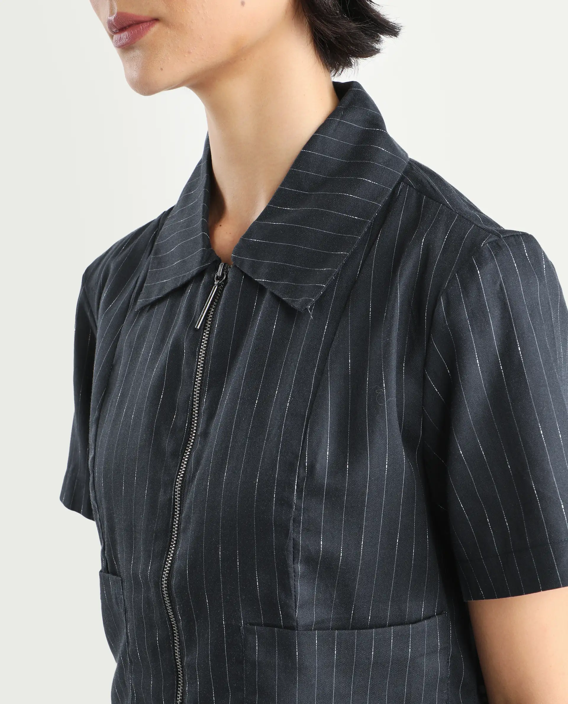 Rareism Women's Klapo Black Viscose Blend Drop Collar Striped Crop Regular Fit Top - Image 4