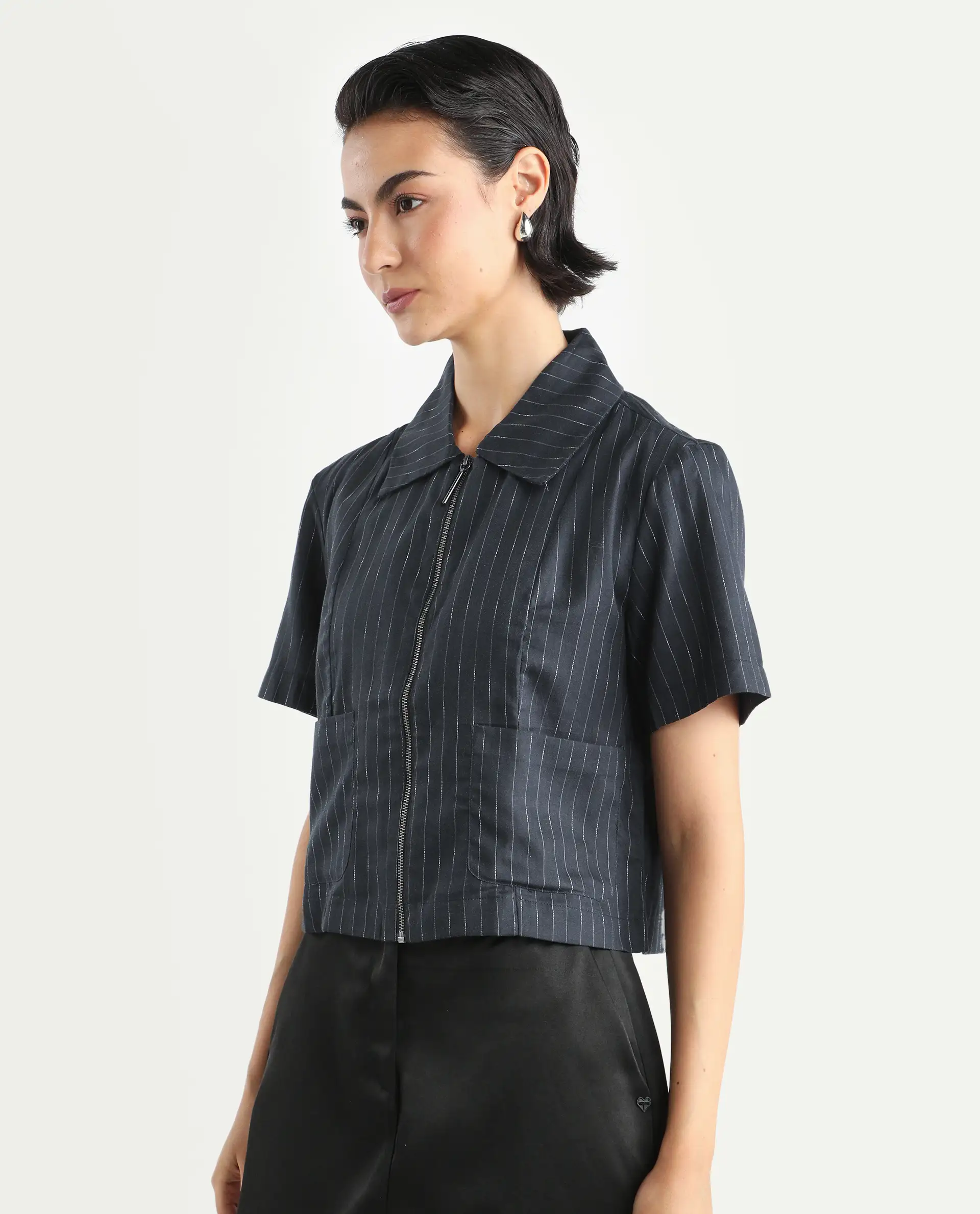 Rareism Women's Klapo Black Viscose Blend Drop Collar Striped Crop Regular Fit Top - Image 5