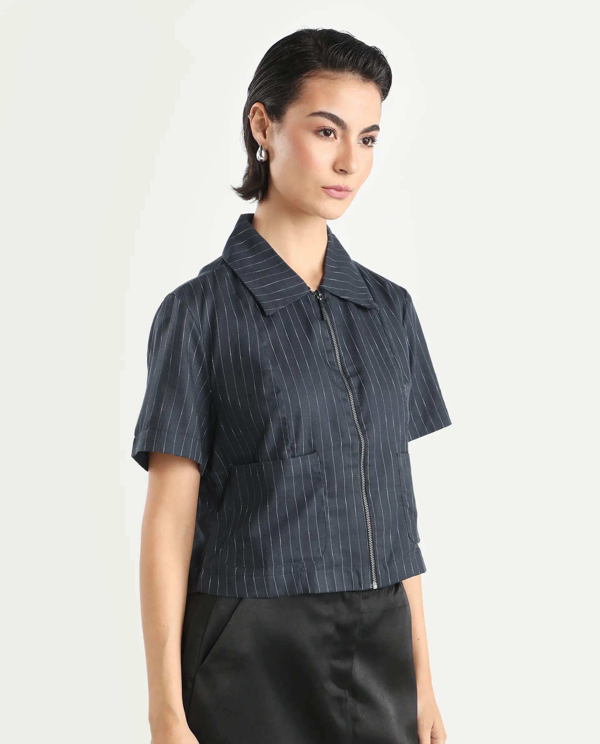 Rareism Women's Klapo Black Viscose Blend Drop Collar Striped Crop Regular Fit Top - Image 6