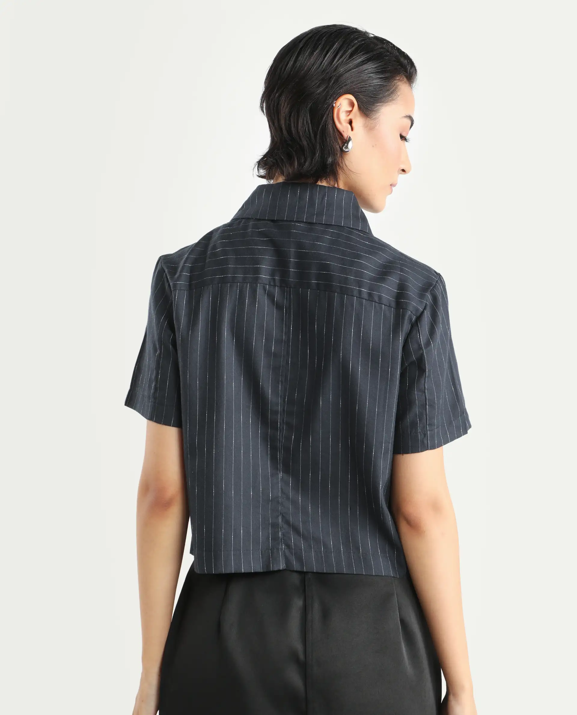 Rareism Women's Klapo Black Viscose Blend Drop Collar Striped Crop Regular Fit Top - Image 7