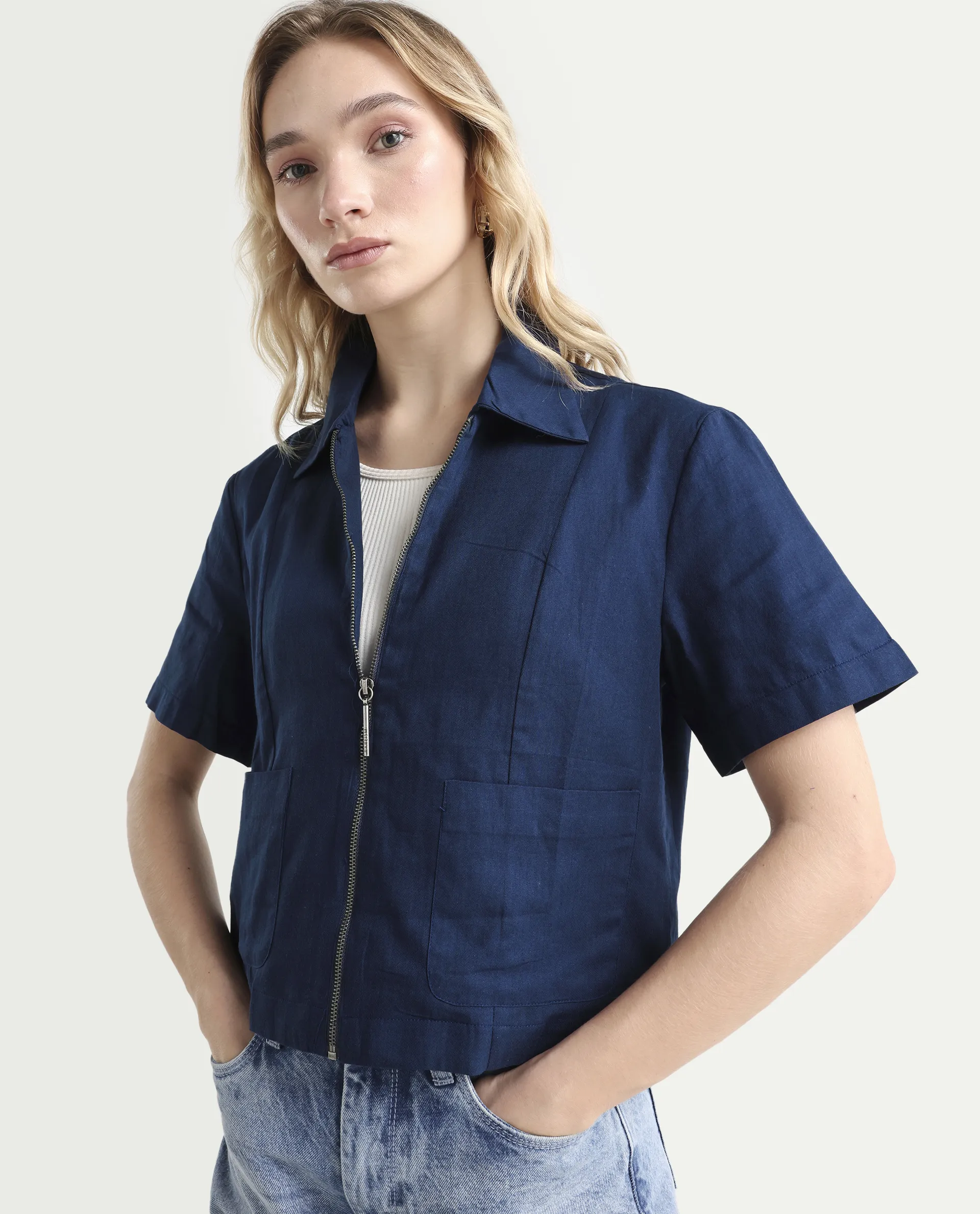 Rareism Women's Klappy Navy Viscose Blend Drop Collar Plain Crop Regular Fit Top