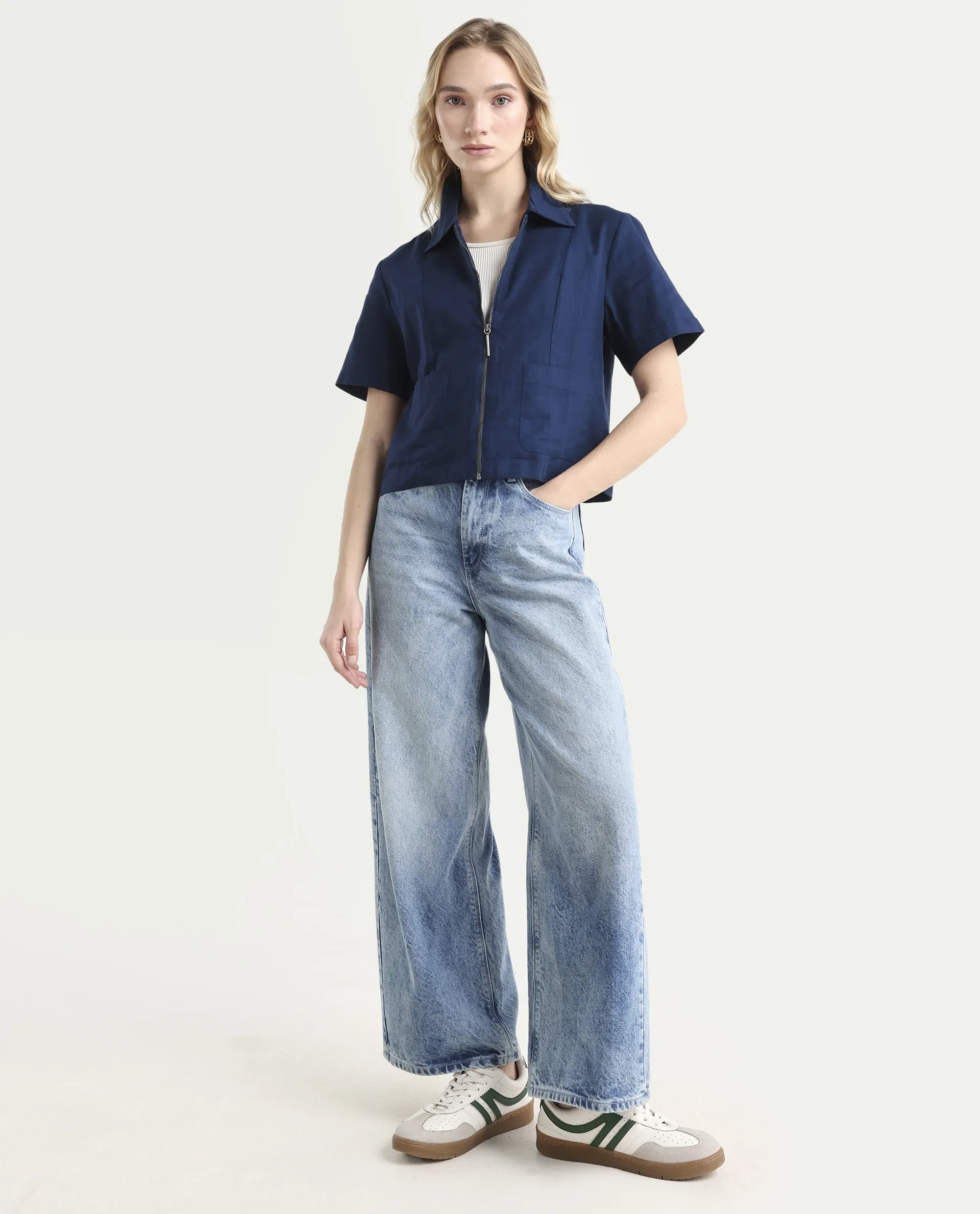 Rareism Women's Klappy Navy Viscose Blend Drop Collar Plain Crop Regular Fit Top - Image 2