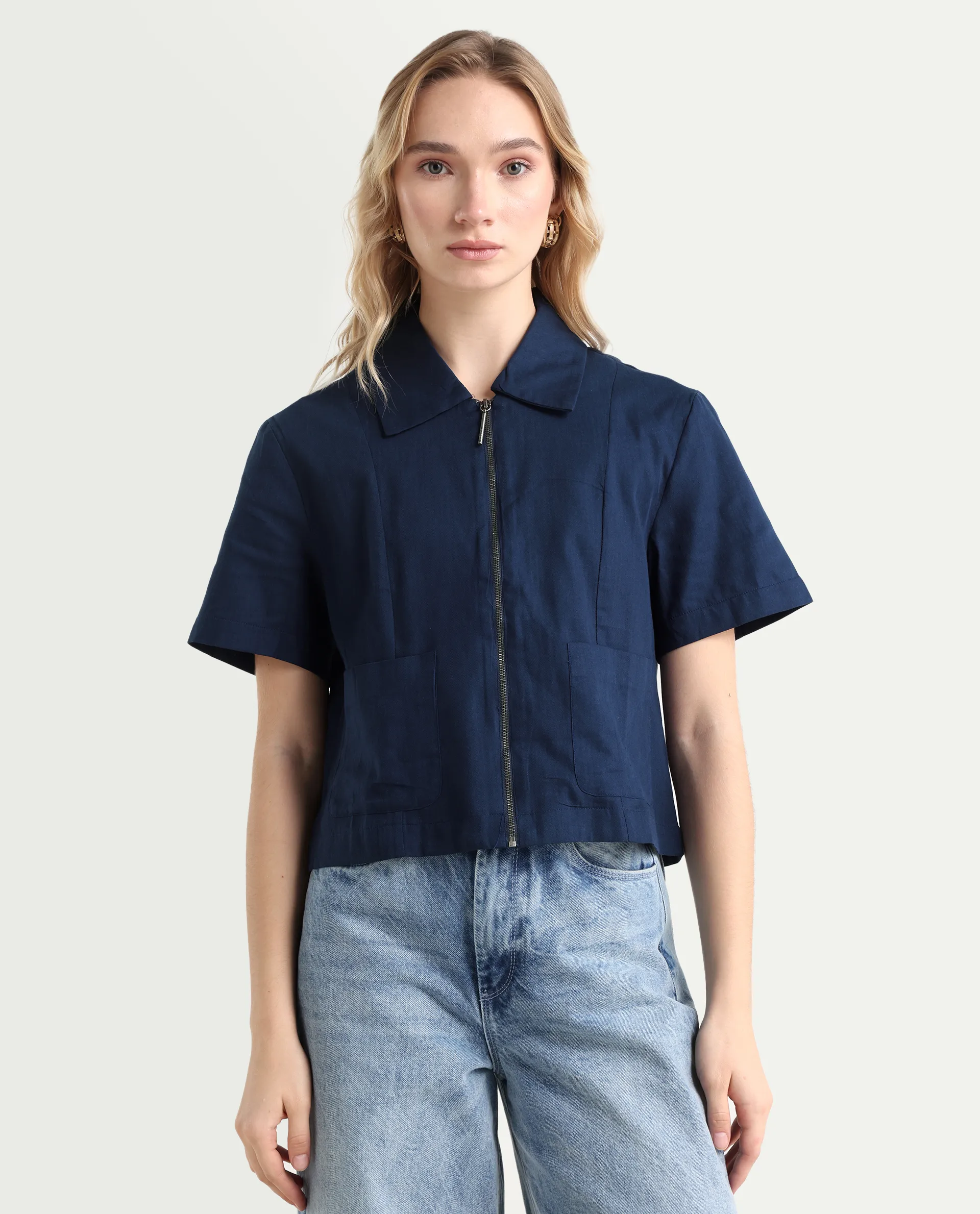 Rareism Women's Klappy Navy Viscose Blend Drop Collar Plain Crop Regular Fit Top - Image 3
