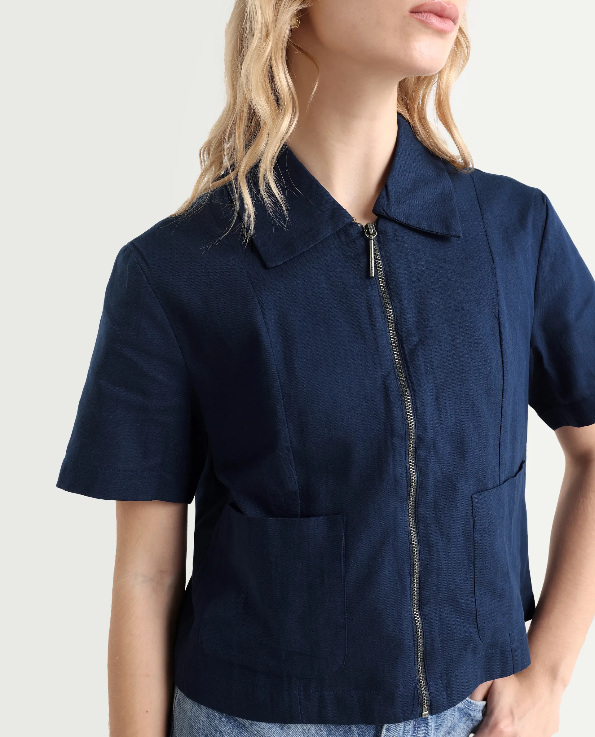 Rareism Women's Klappy Navy Viscose Blend Drop Collar Plain Crop Regular Fit Top - Image 4