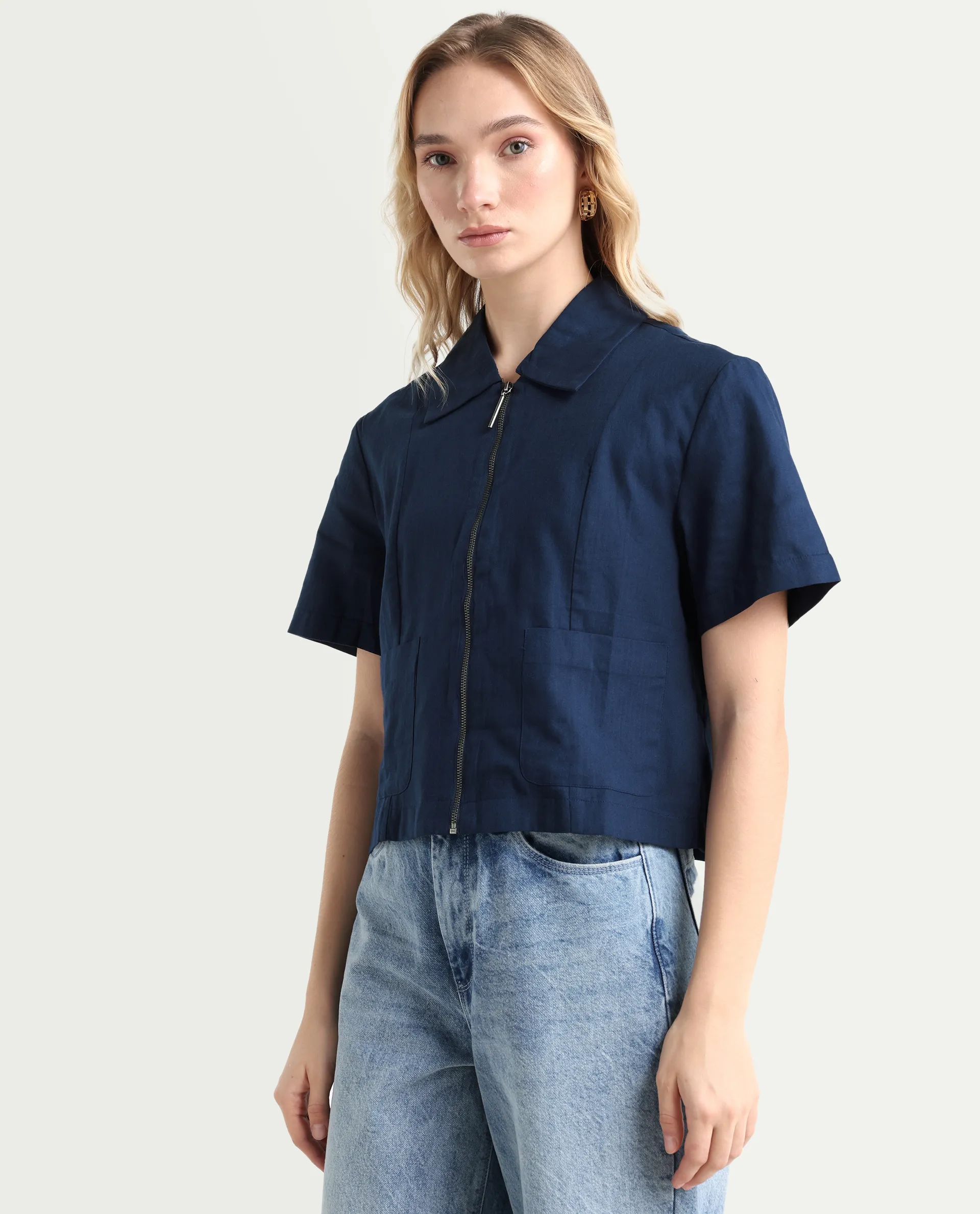 Rareism Women's Klappy Navy Viscose Blend Drop Collar Plain Crop Regular Fit Top - Image 5