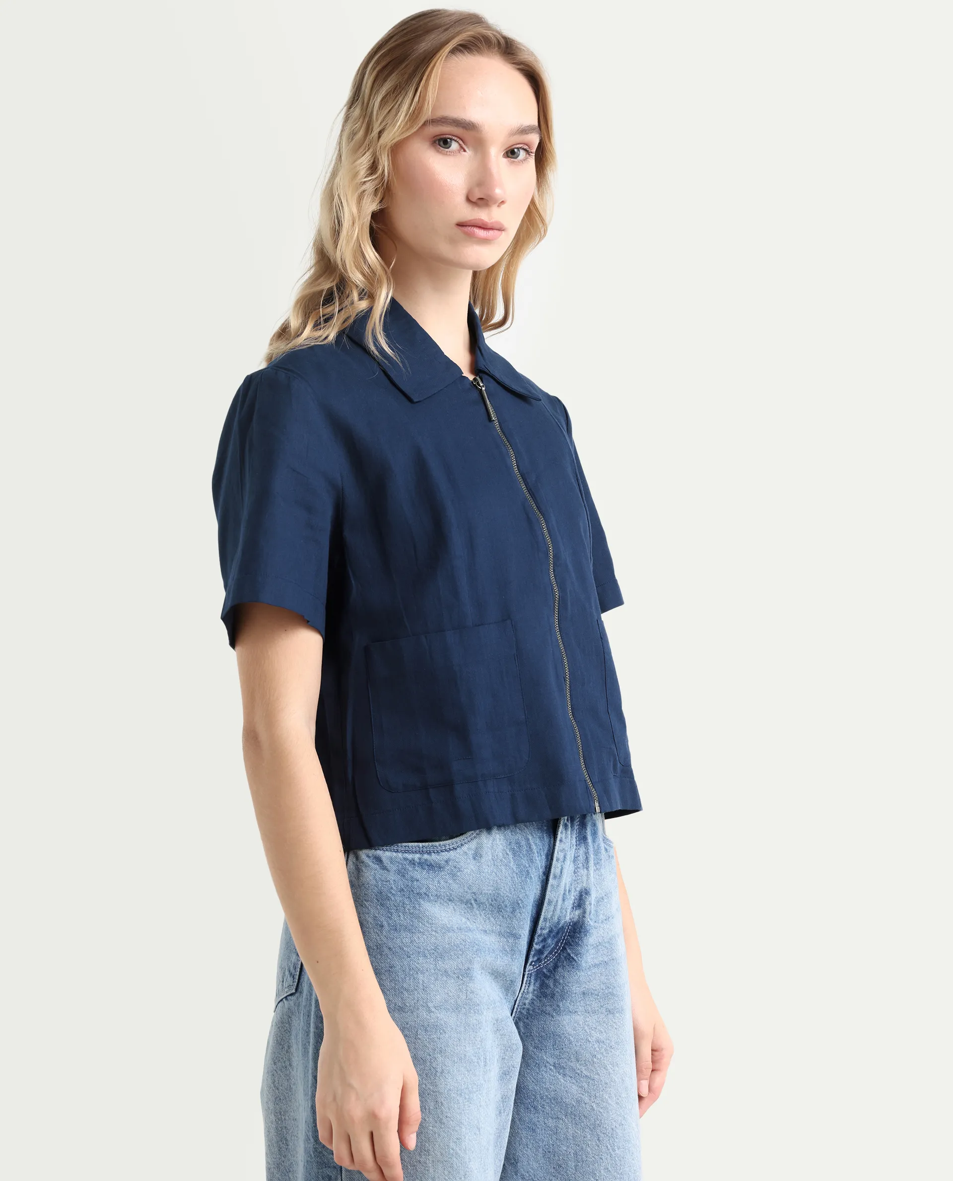 Rareism Women's Klappy Navy Viscose Blend Drop Collar Plain Crop Regular Fit Top - Image 6