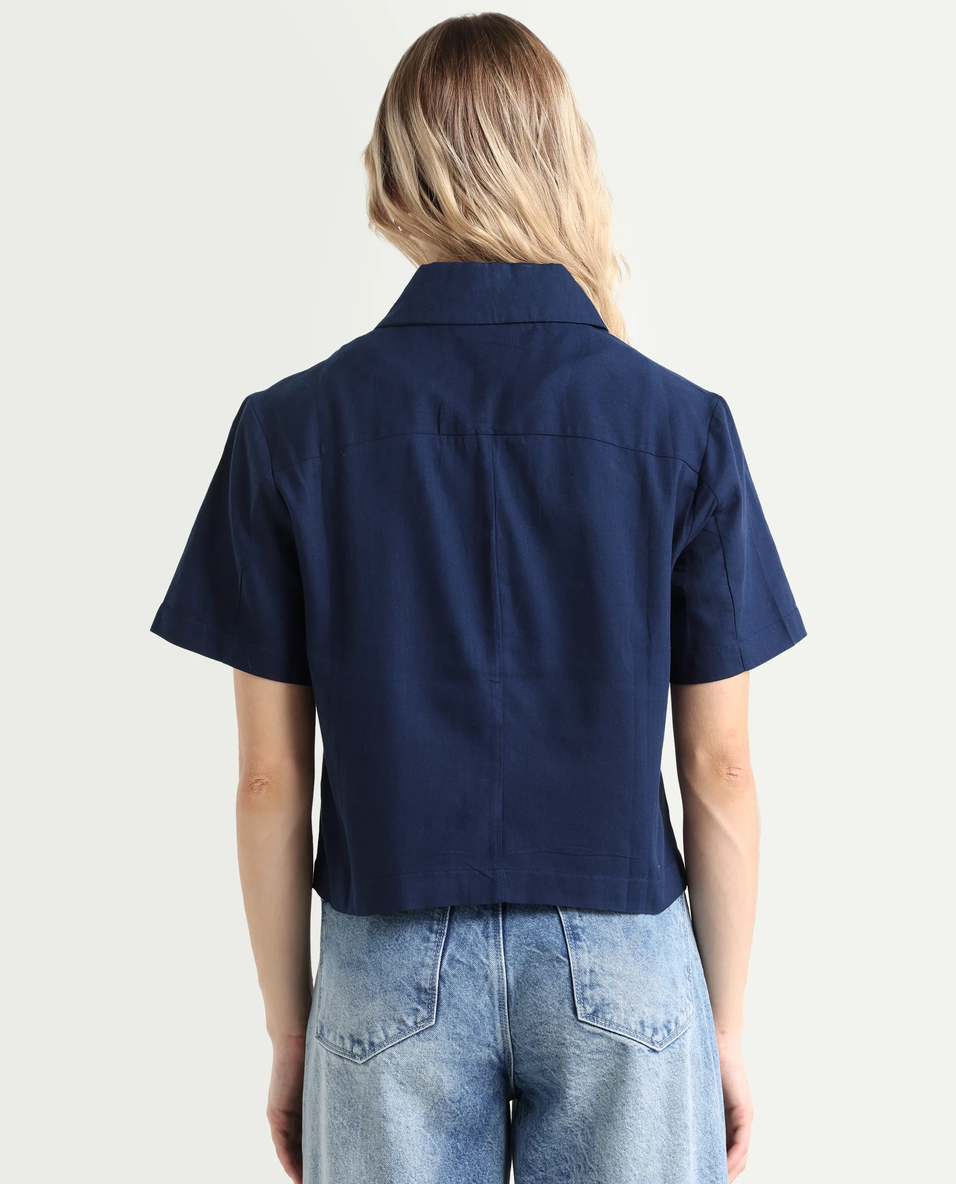 Rareism Women's Klappy Navy Viscose Blend Drop Collar Plain Crop Regular Fit Top - Image 7