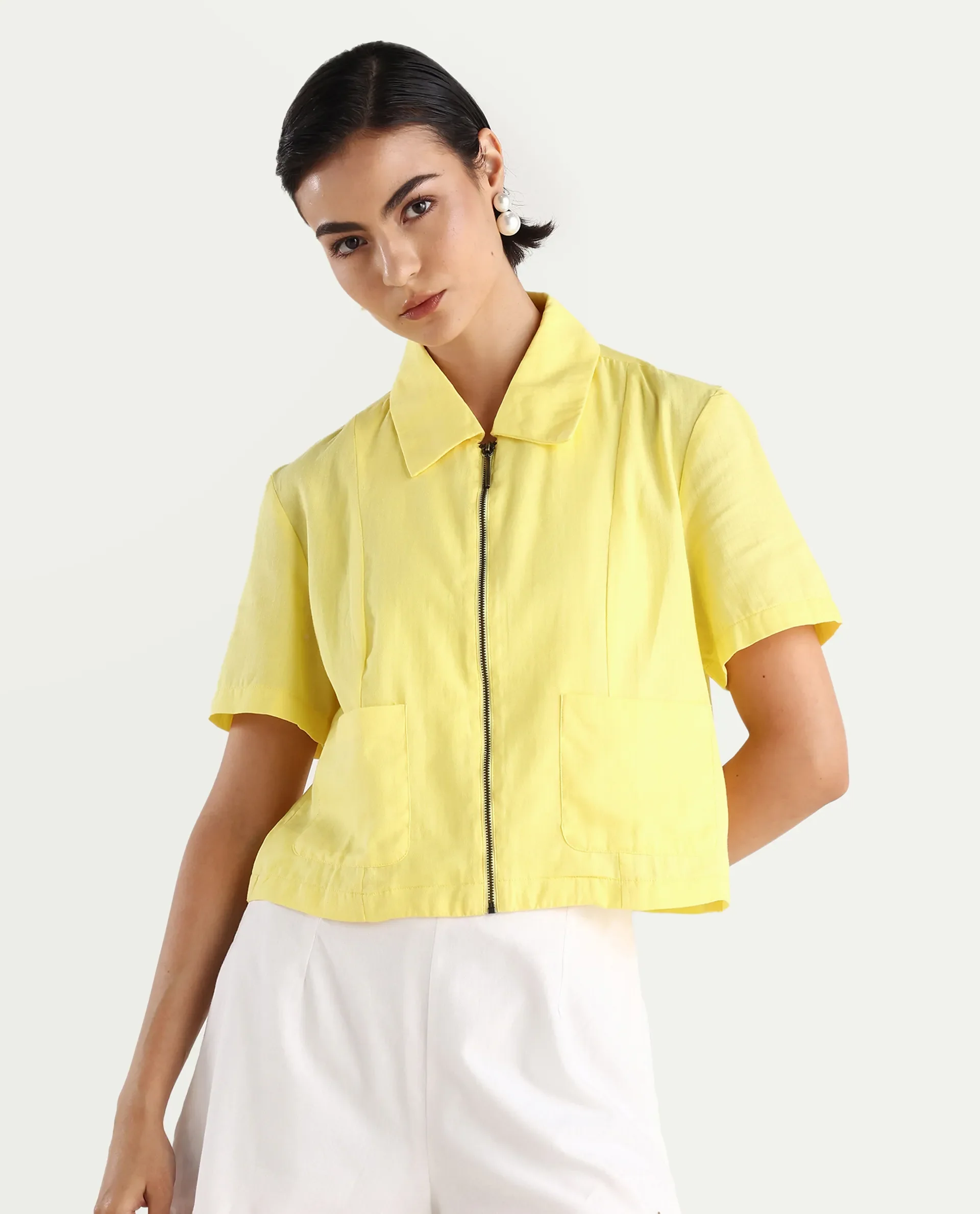 Rareism Women's Klappy Yellow Viscose Blend Drop Collar Plain Crop Regular Fit Top - Image 3