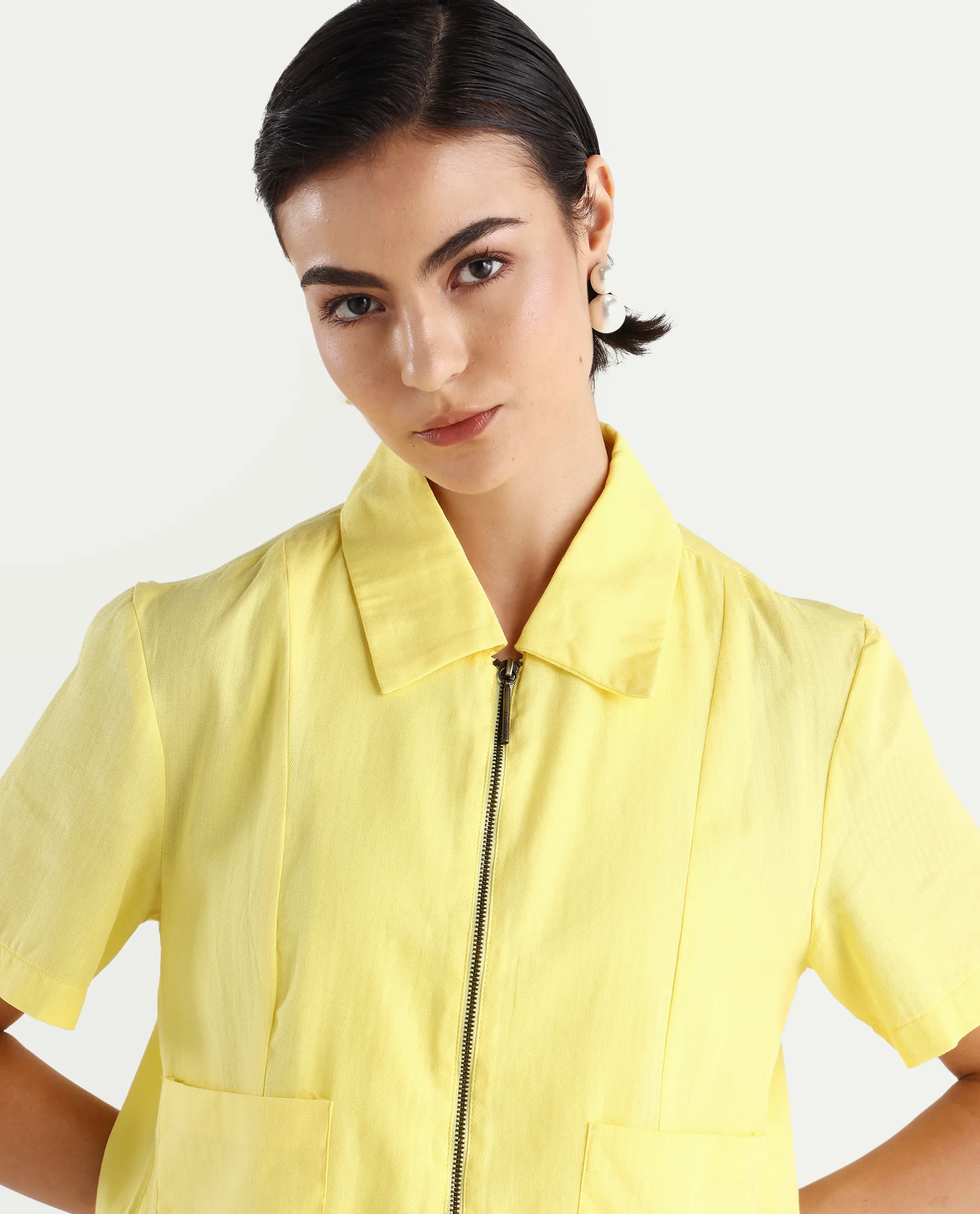 Rareism Women's Klappy Yellow Viscose Blend Drop Collar Plain Crop Regular Fit Top - Image 4
