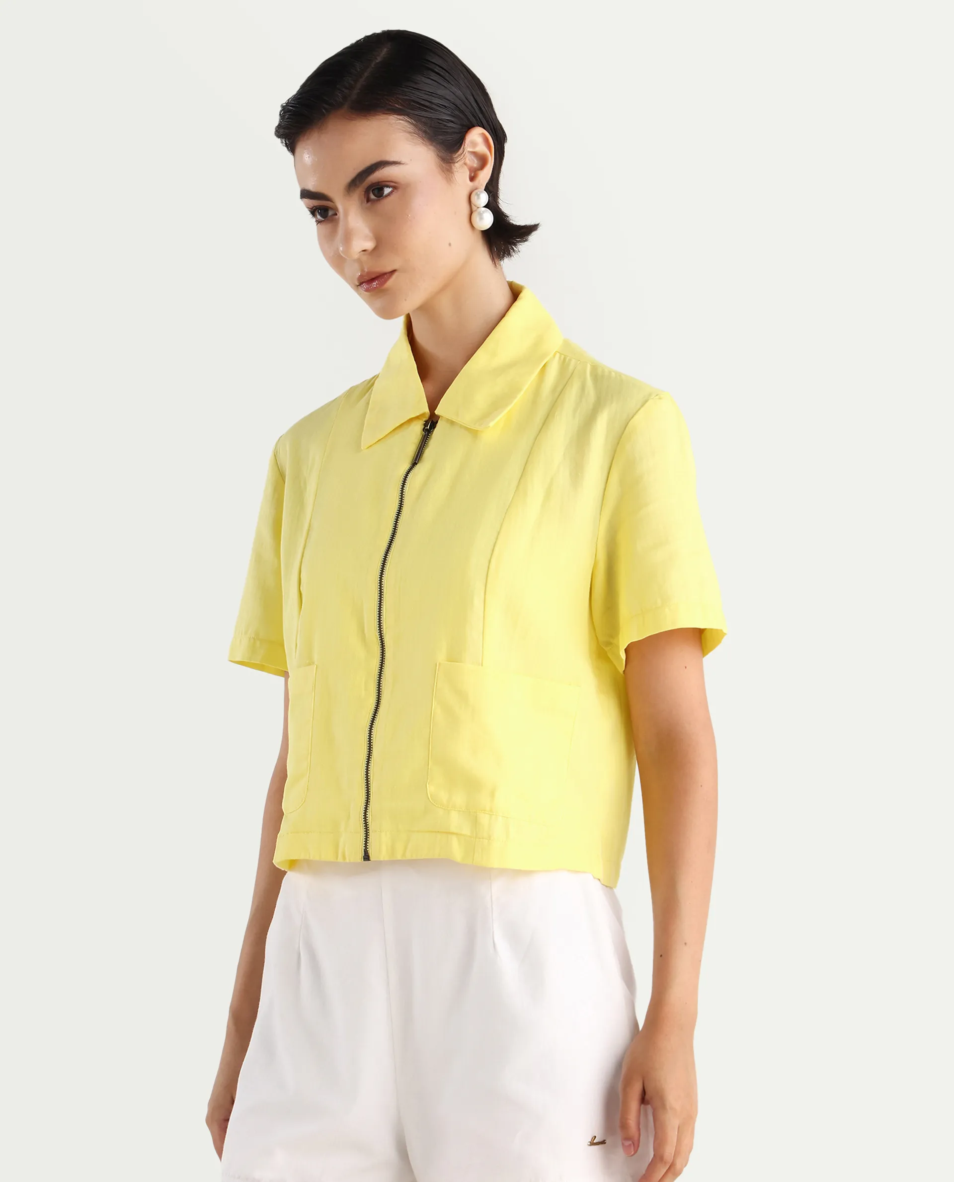 Rareism Women's Klappy Yellow Viscose Blend Drop Collar Plain Crop Regular Fit Top - Image 6