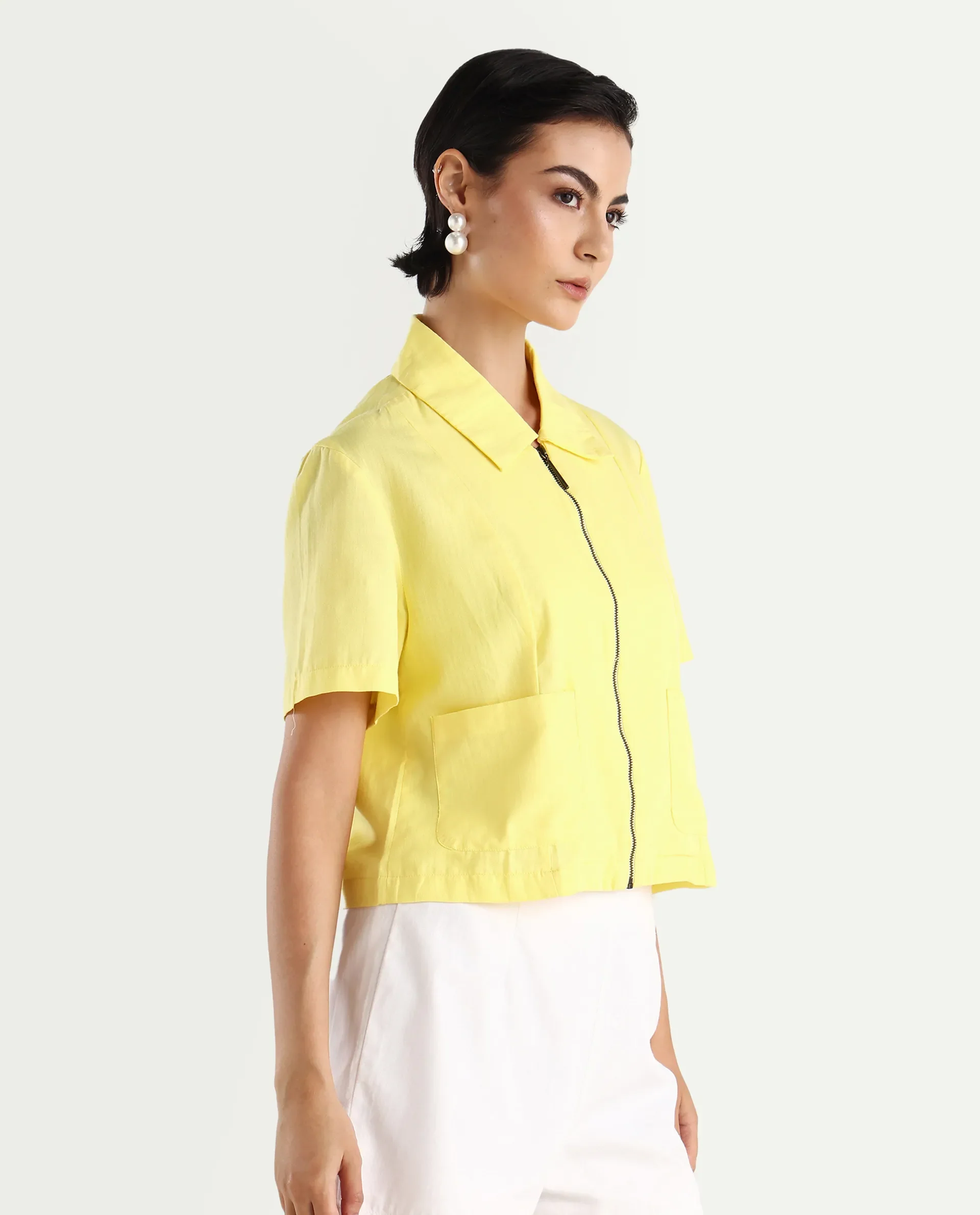 Rareism Women's Klappy Yellow Viscose Blend Drop Collar Plain Crop Regular Fit Top - Image 7