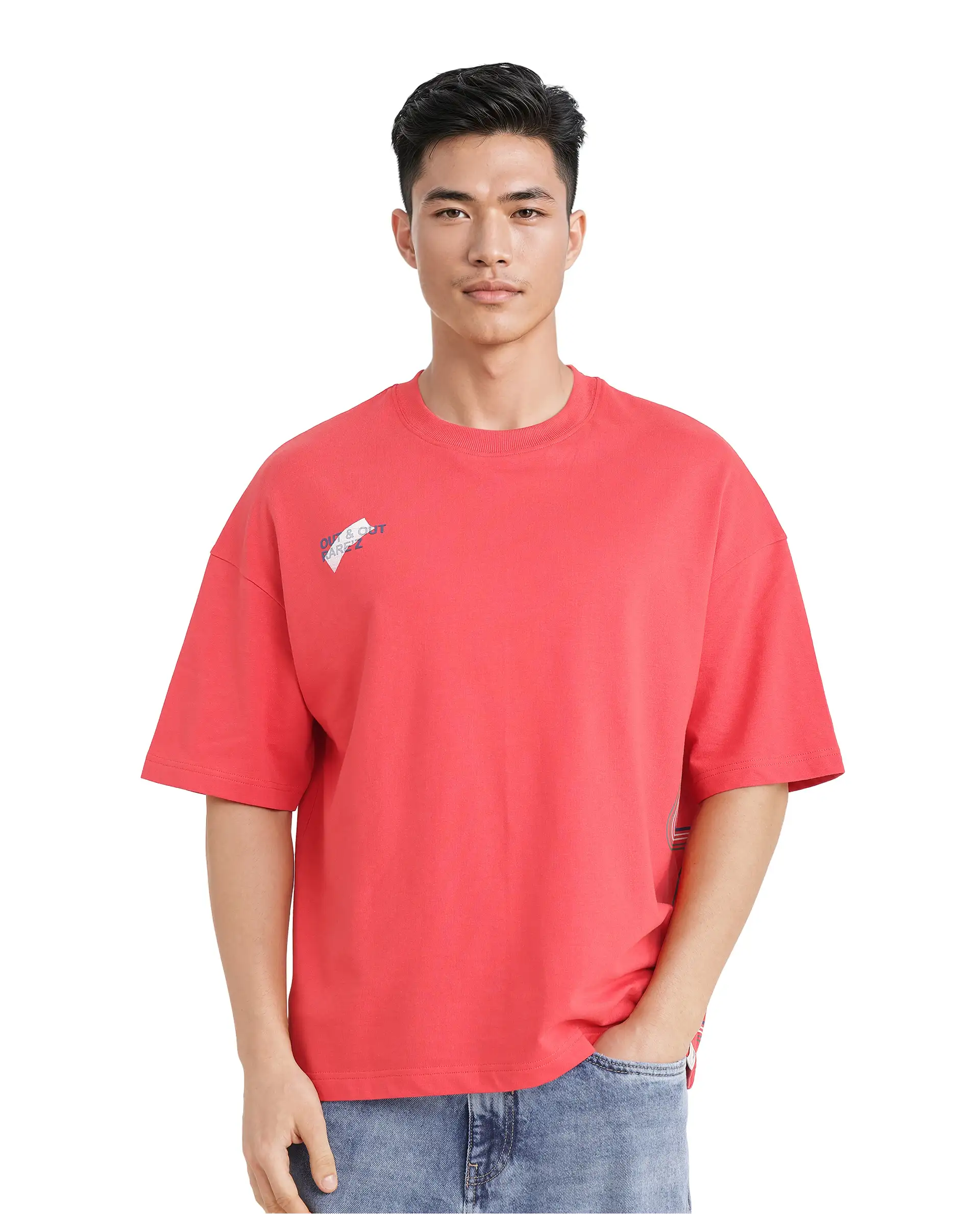 Rare Rabbit Men's Klas Red Cotton Hd Print Oversized Fit Half Sleeve Crew Neck T-Shirt - Image 4