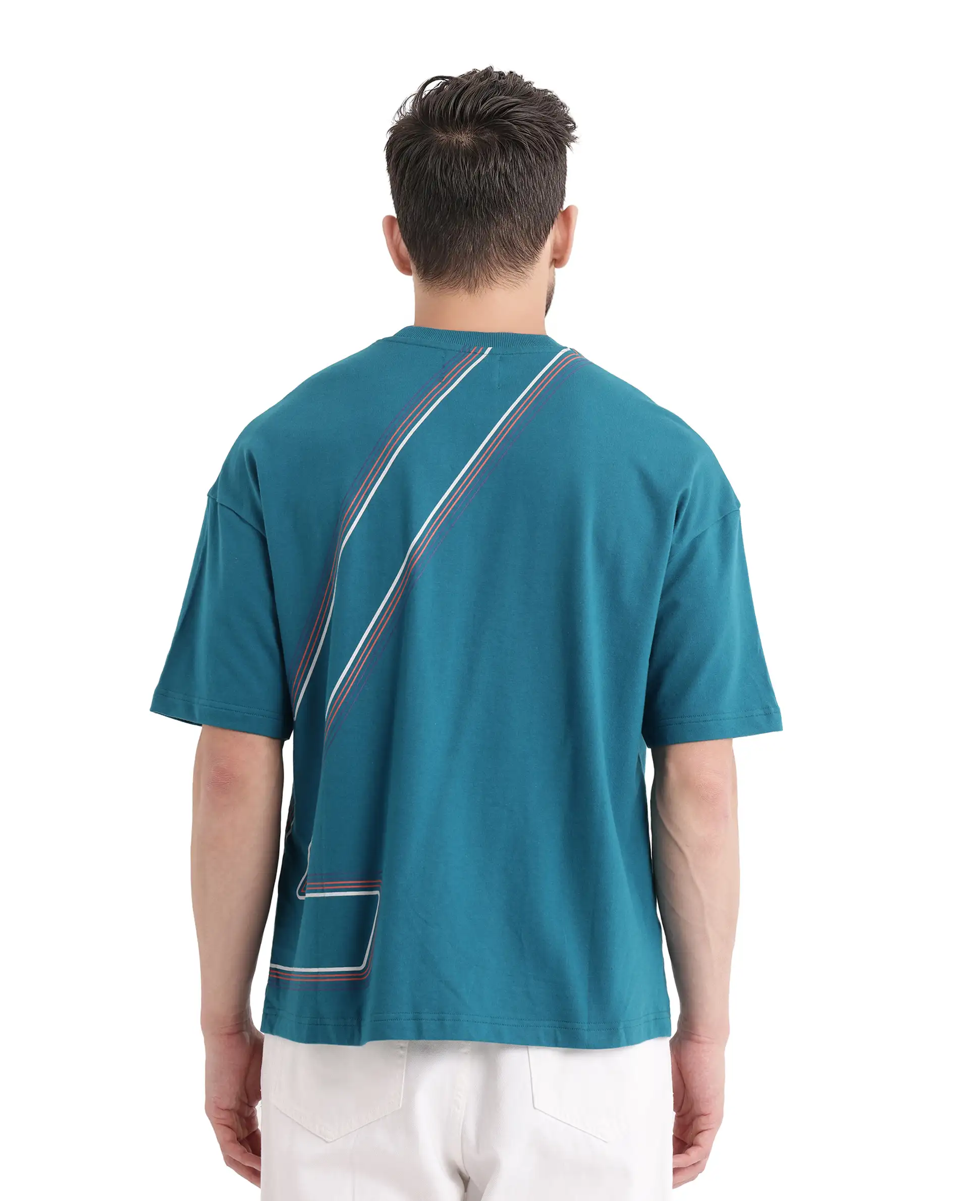 Rare Rabbit Men's Klas Teal Cotton Hd Print Oversized Fit Half Sleeve Crew Neck T-Shirt - Image 2