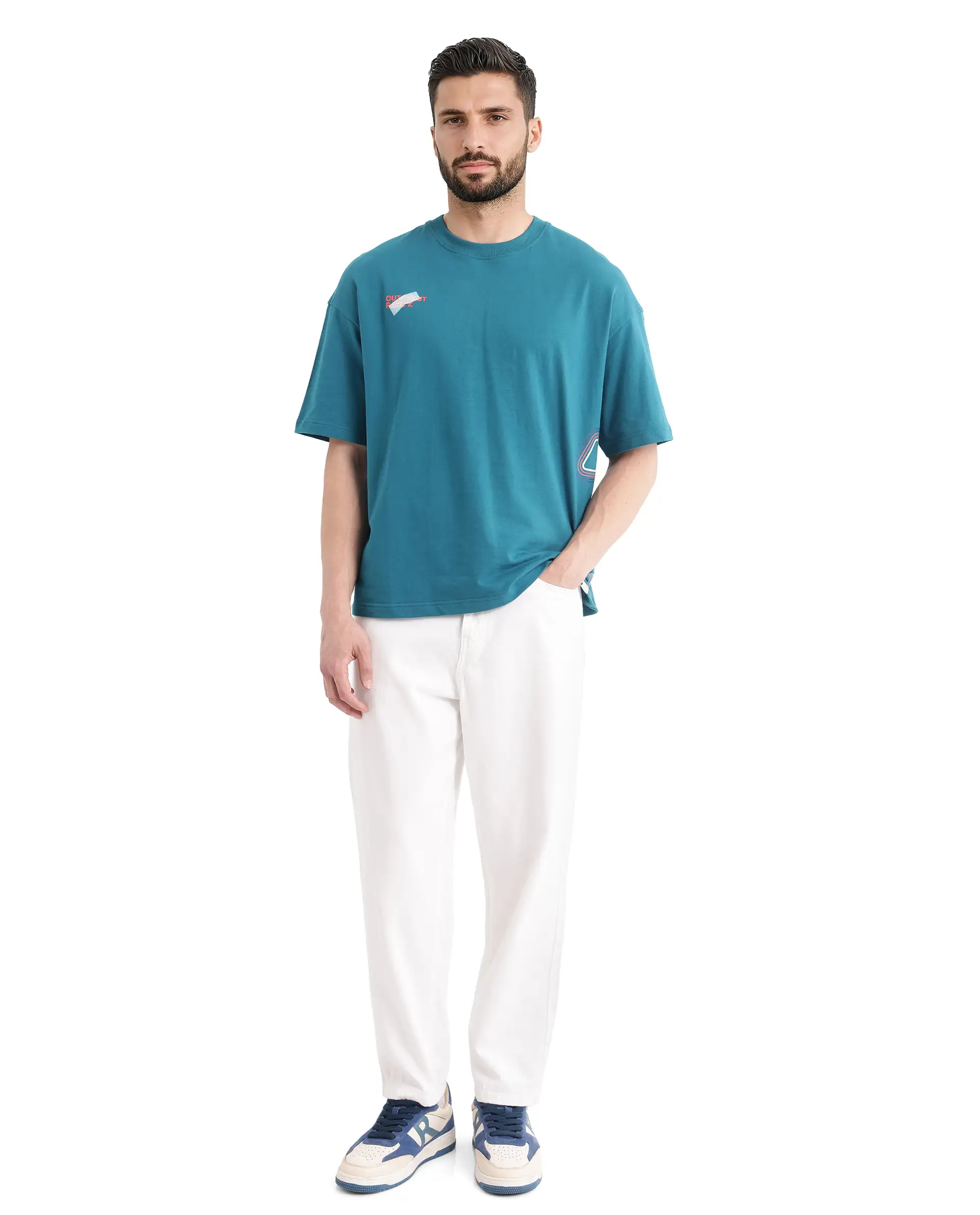 Rare Rabbit Men's Klas Teal Cotton Hd Print Oversized Fit Half Sleeve Crew Neck T-Shirt - Image 3