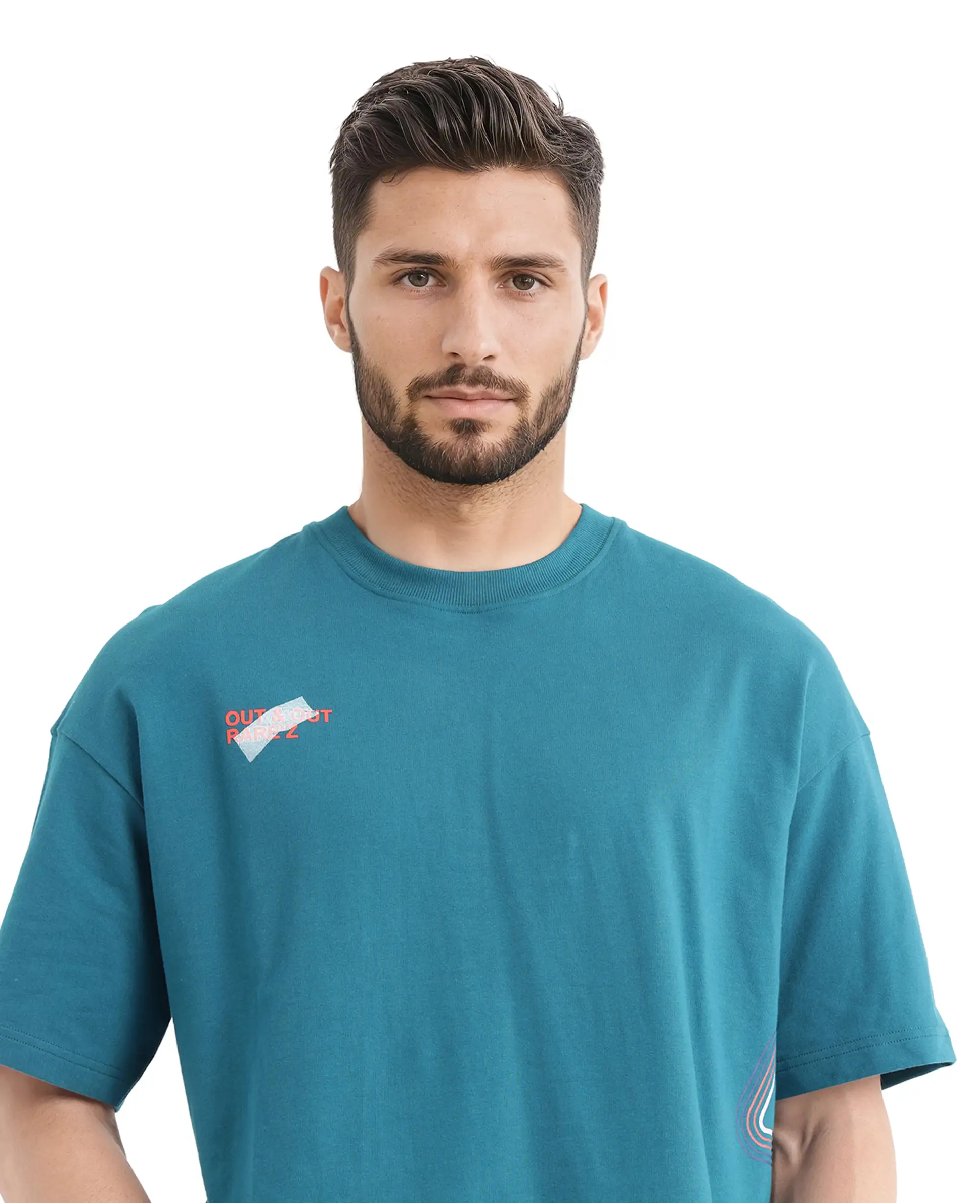 Rare Rabbit Men's Klas Teal Cotton Hd Print Oversized Fit Half Sleeve Crew Neck T-Shirt - Image 4